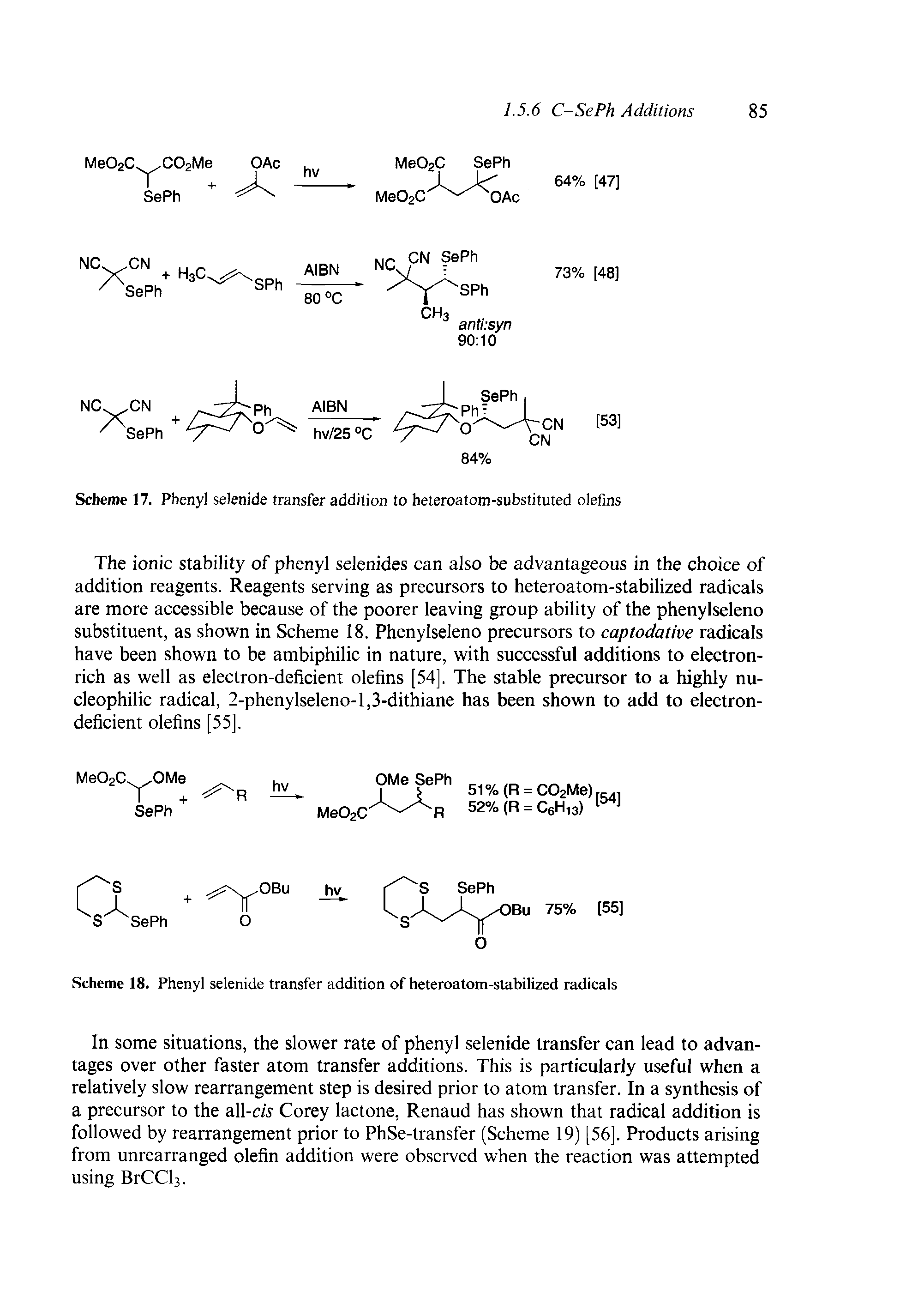 Scheme 17. Phenyl selenide transfer addition to heteroatom-substituted olefins...