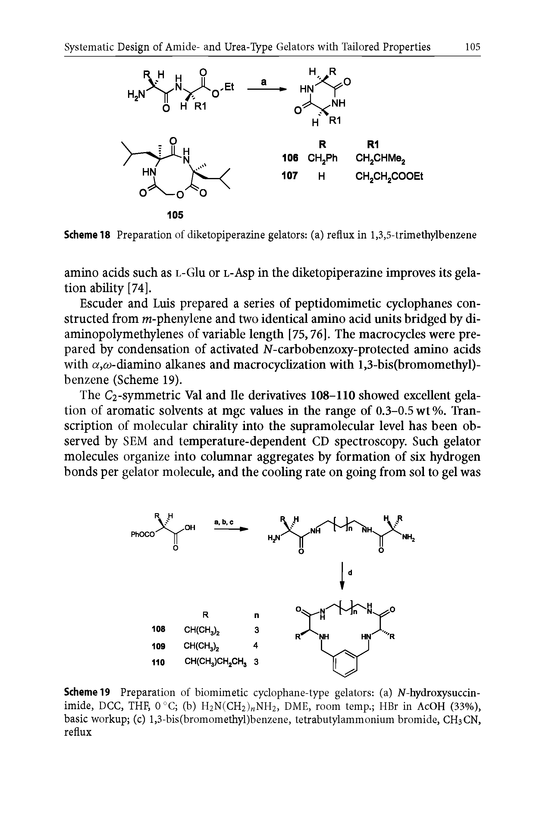 Scheme 19 Preparation of biomimetic cyclophane-type gelators (a) N-hydroxysuccin-imide, DCC, THF, 0°C (b) H2N(CH2)nNH2, DME, room temp. HBr in AcOH (33%), basic workup (c) l,3-bis(bromomethyl)benzene, tetrabutylammonium bromide, CH3CN, reflux...