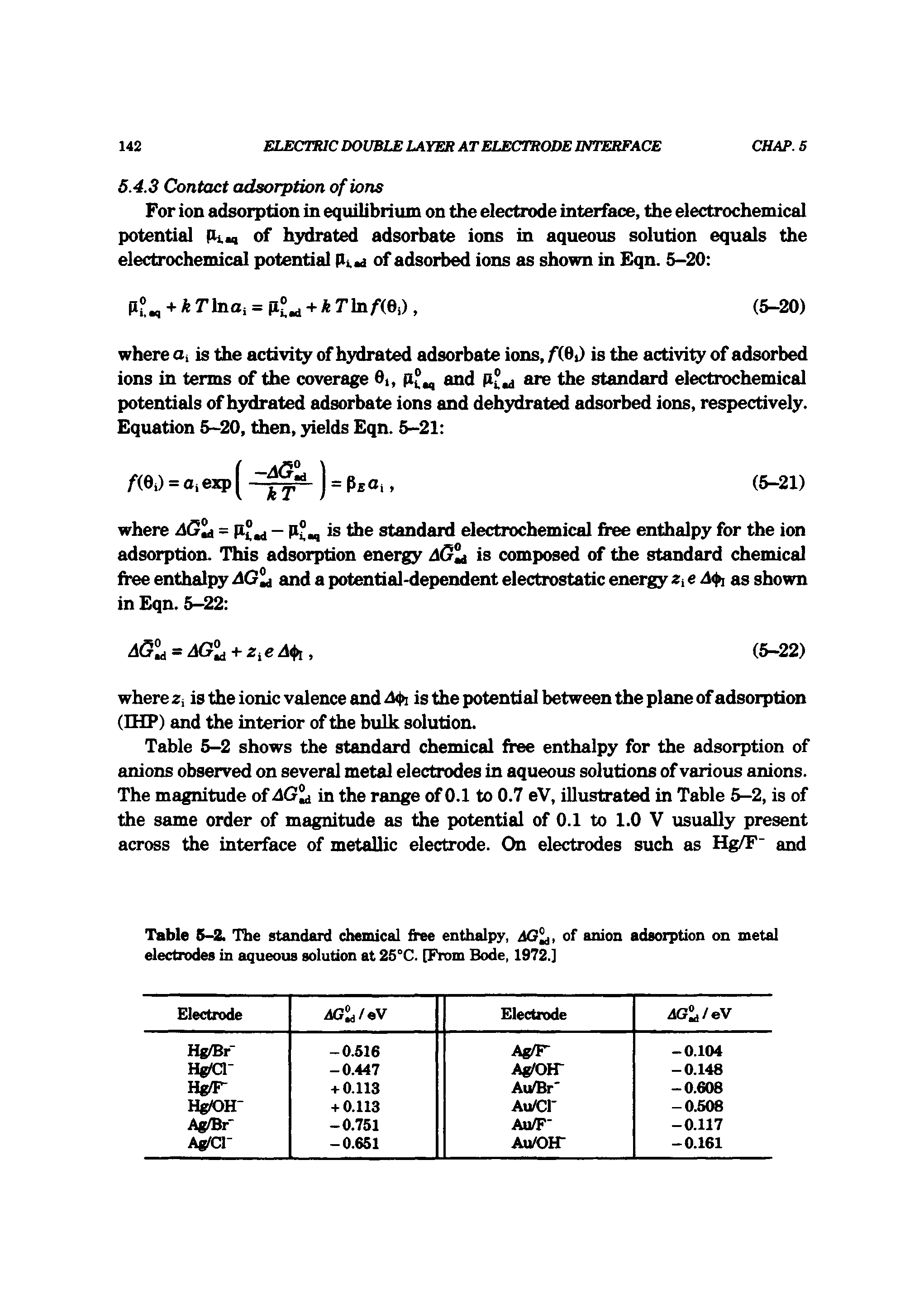 Table 5-2. The standard chemical free enthalpy, of anion adsorption on metal electrodes in aqueous solution at 25°C. [From Bode, 1972.]...