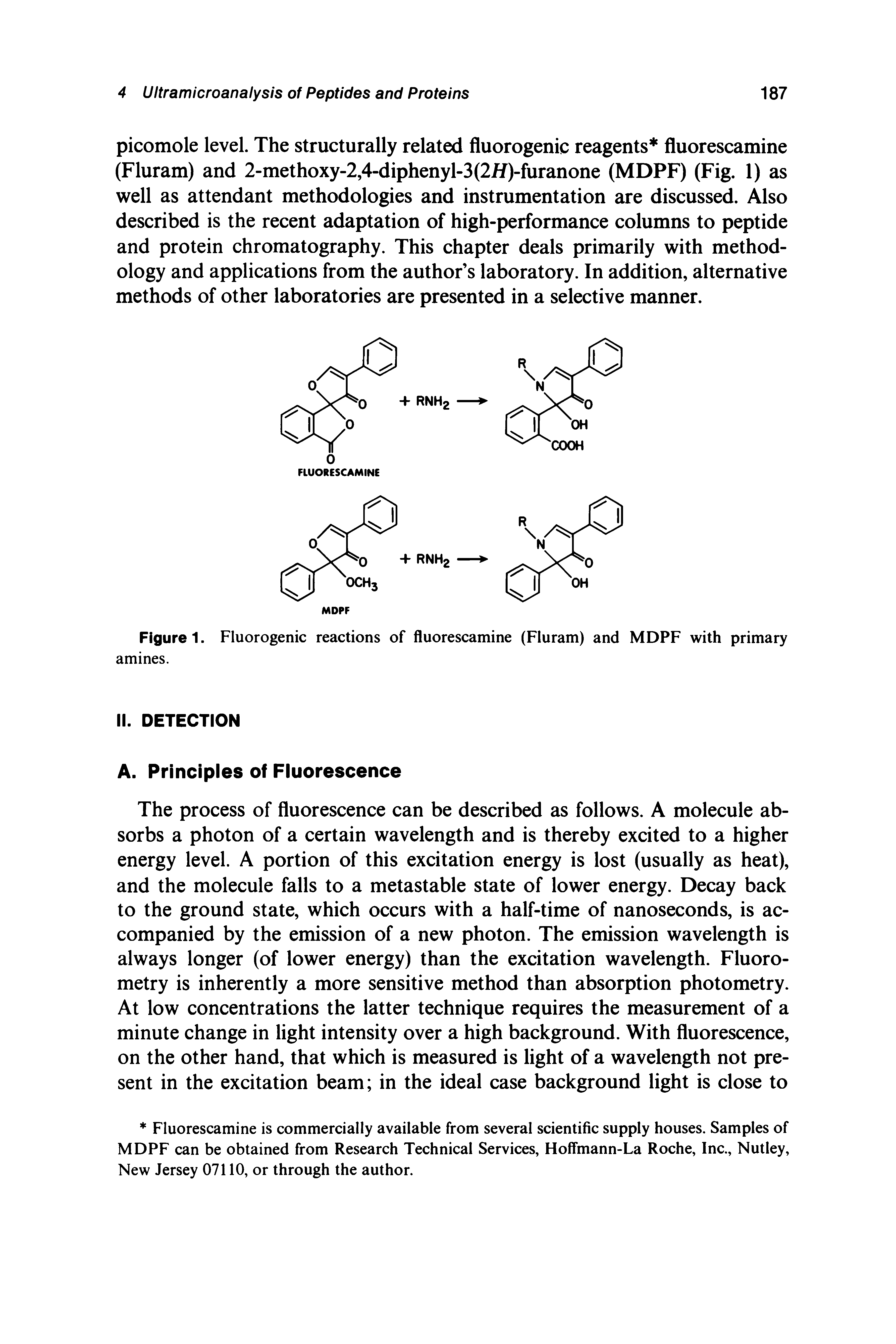 Figure 1. Fluorogenic reactions of fluorescamine (Fluram) and MDPF with primary...