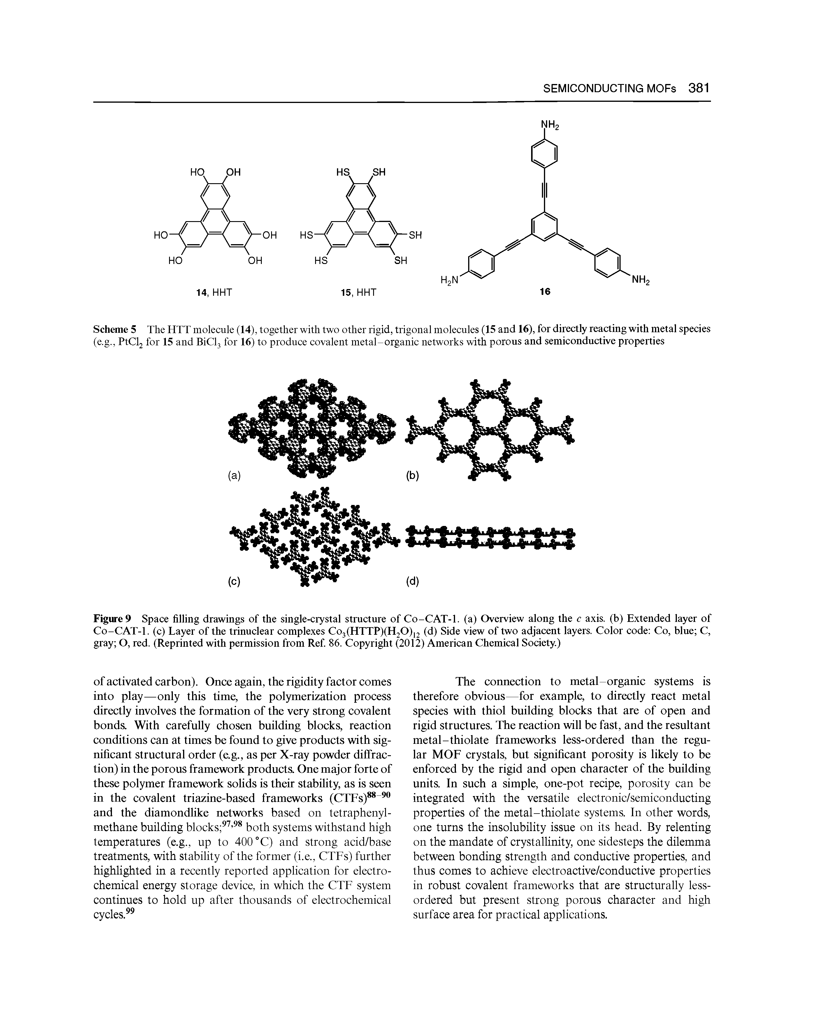 Scheme 5 The HTT molecule (14), together with two other rigid, trigonal molecules (15 and 16), for directly reacting with metal species (e.g., PtClj for 15 and BiClj for 16) to produce covalent metal-organic networks with porous and semiconductive properties...