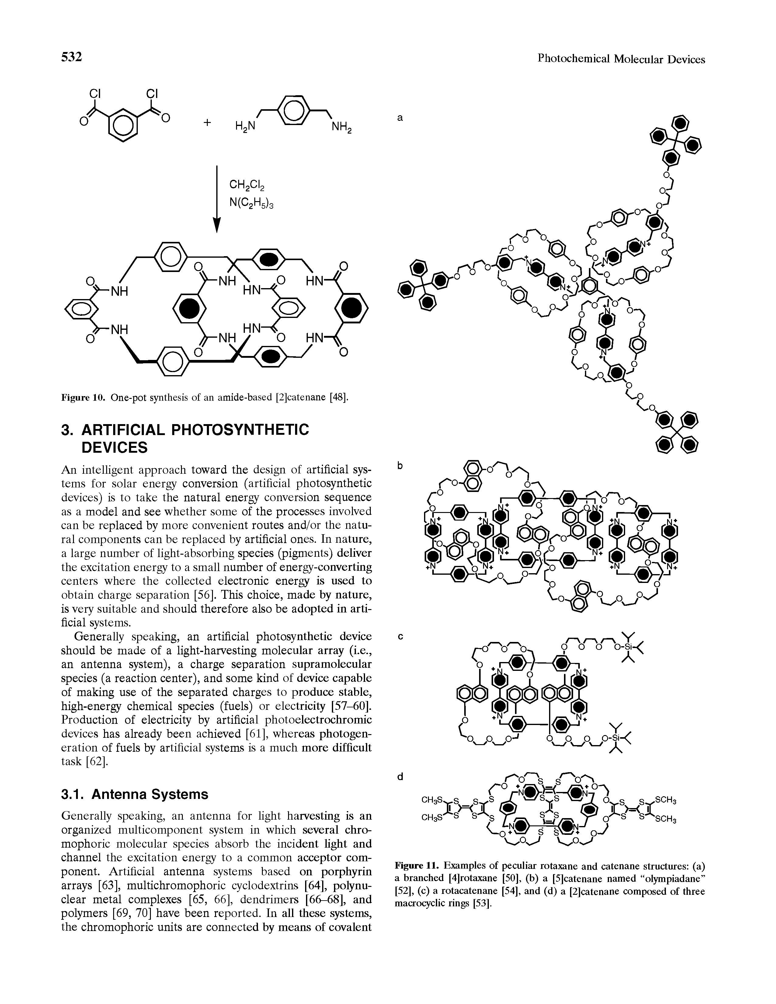 Figure 11. Examples of peculiar rotaxane and catenane structures (a) a branched [4]rotaxane [50], (b) a [5]catenane named olympiadane [52], (c) a rotacatenane [54], and (d) a [2]catenane composed of three macrocyclic rings [53],...