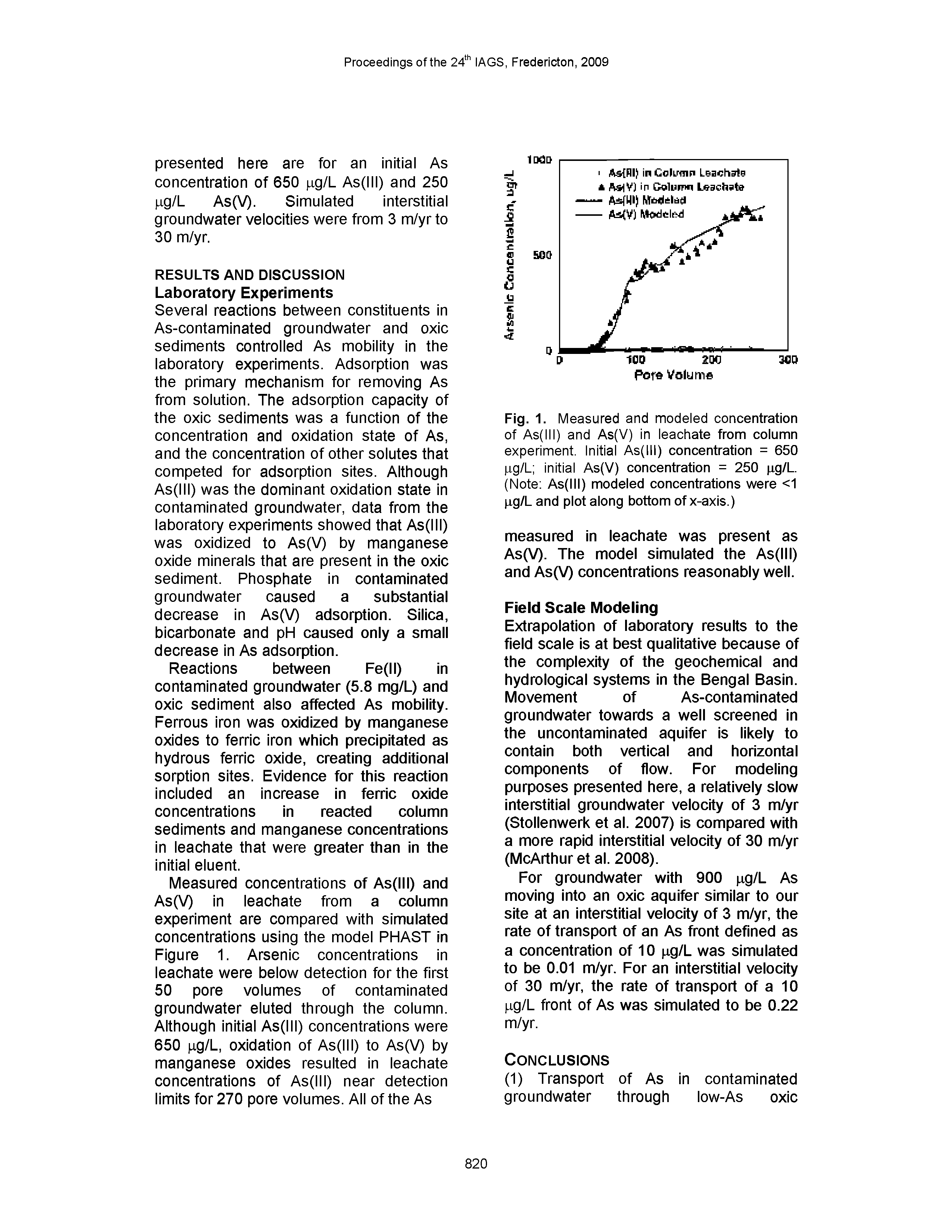 Fig. 1. Measured and modeled concentration of As(lll) and As(V) in leachate from column experiment. Initial As(lll) concentration = 650 pg/L initial As(V) concentration = 250 pg/L. (Note As(lll) modeled concentrations were <1 pg/L and plot along bottom of x-axis.)...