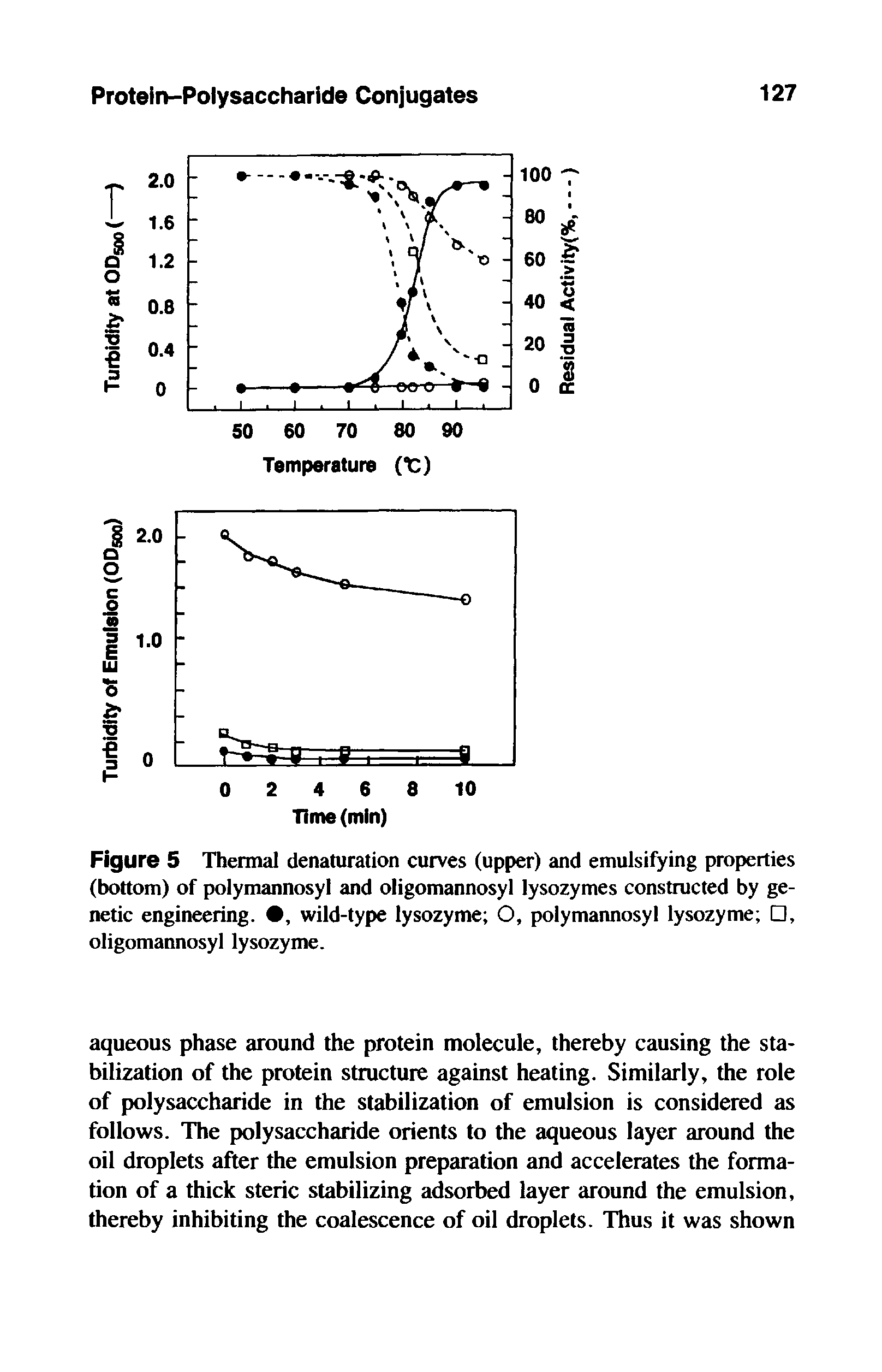Figure 5 Thermal denaturation curves (upper) and emulsifying properties (bottom) of polymannosyl and oligomannosyl lysozymes constructed by genetic engineering. , wild-type lysozyme O, polymannosyl lysozyme , oligomannosyl lysozyme.