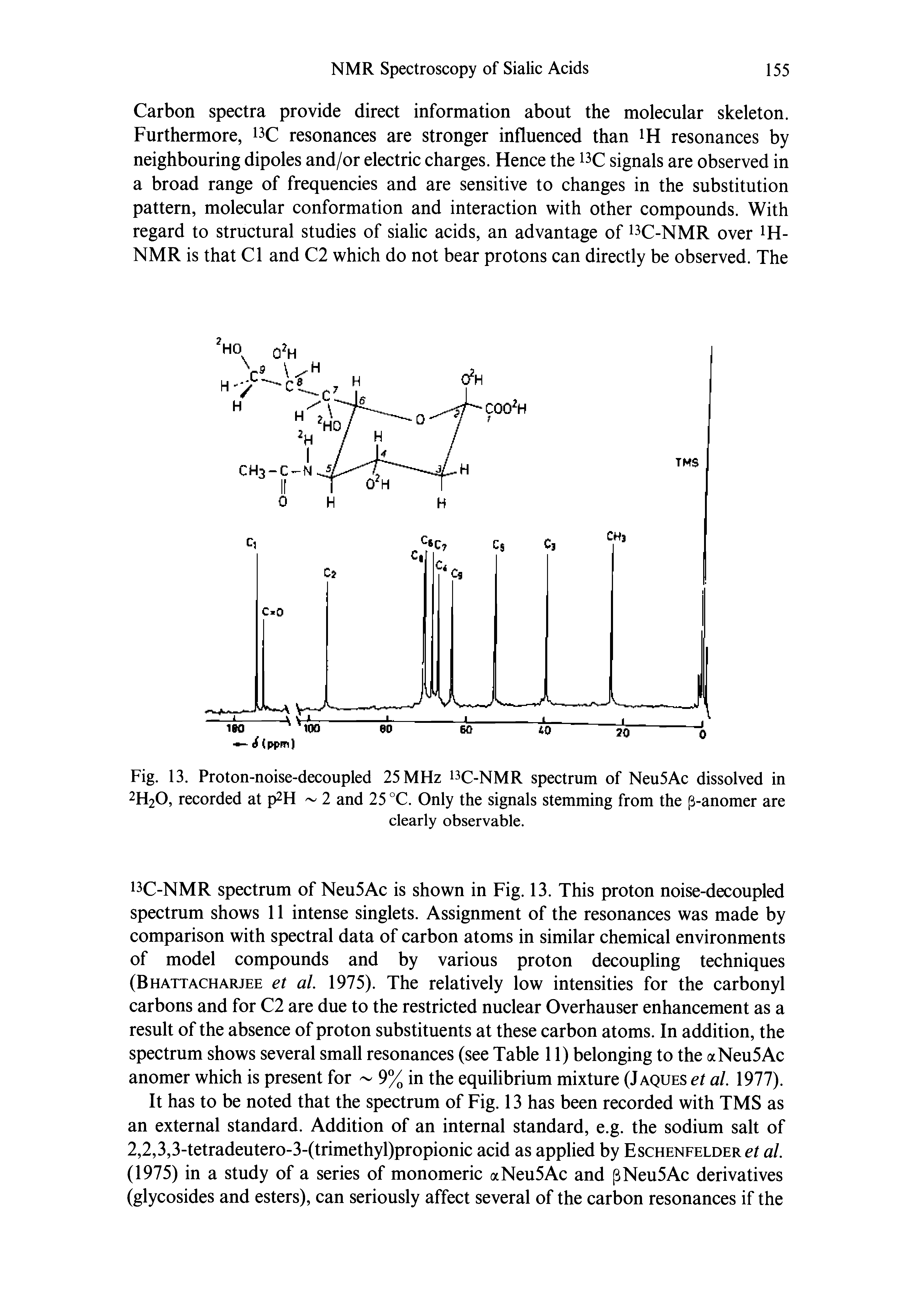 Fig. 13. Proton-noise-decoupled 25 MHz i C-NMR spectrum of Neu5Ac dissolved in 2H2O, recorded at p H 2 and 25 °C. Only the signals stemming from the p-anomer are...