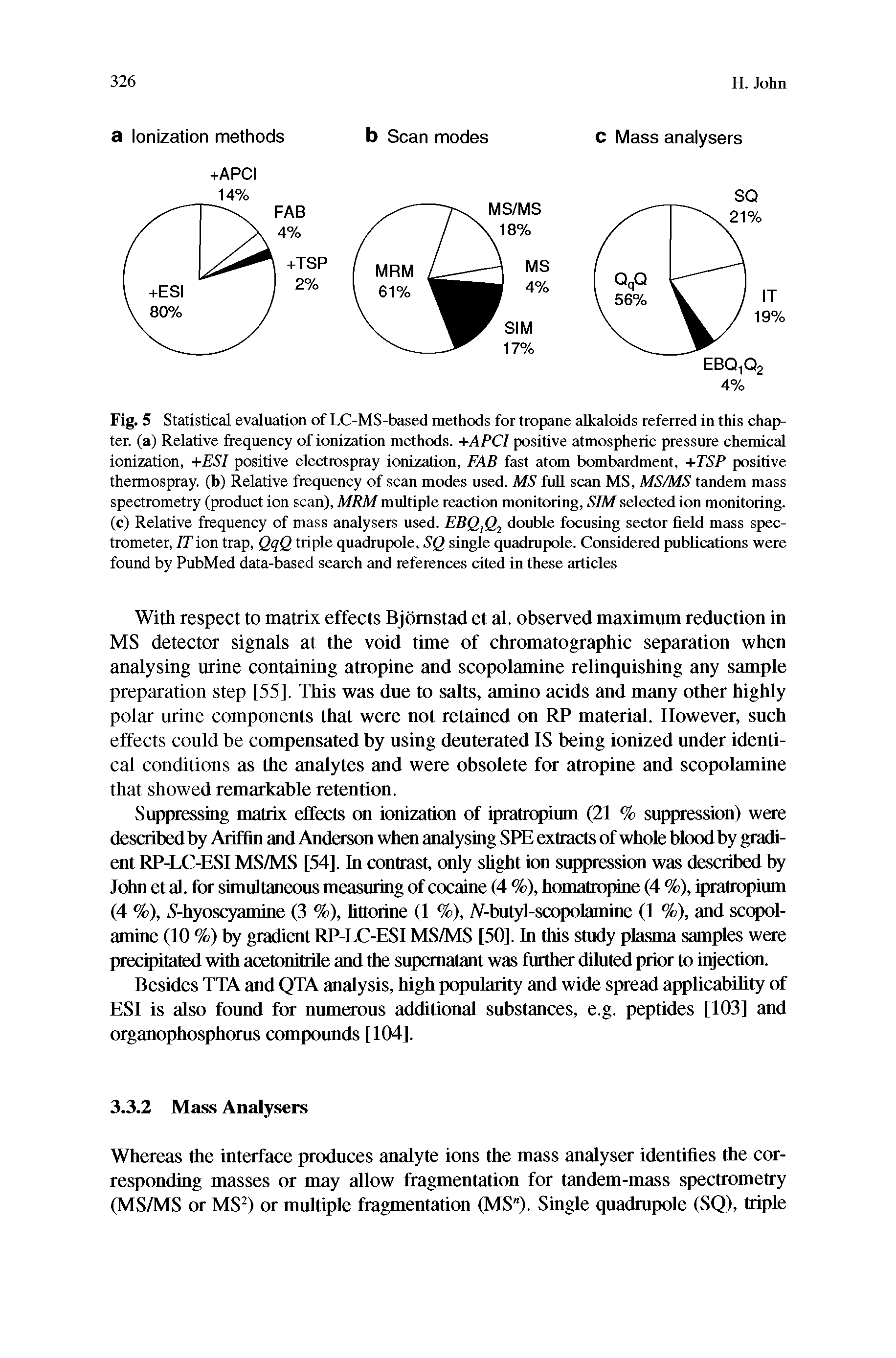 Fig. 5 Statistical evaluation of LC-MS-based methods for tropane alkaloids referred in this chapter. (a) Relative frequency of ionization methods. +APCI positive atmospheric pressure chemical ionization, +ESI positive electrospray ionization, FAB fast atom bombardment, +TSP positive thermospray, (b) Relative frequency of scan modes used. MS full scan MS, MS/MS tandem mass spectrometry (product ion scan), MRM multiple reaction monitoring, SIM selected ion monitoring, (c) Relative frequency of mass analysers used. EBQtQ2 double focusing sector field mass spectrometer, IT ion trap, QqQ triple quadrupole, SQ single quadrupole. Considered publications were found by PubMed data-based search and references cited in these articles...