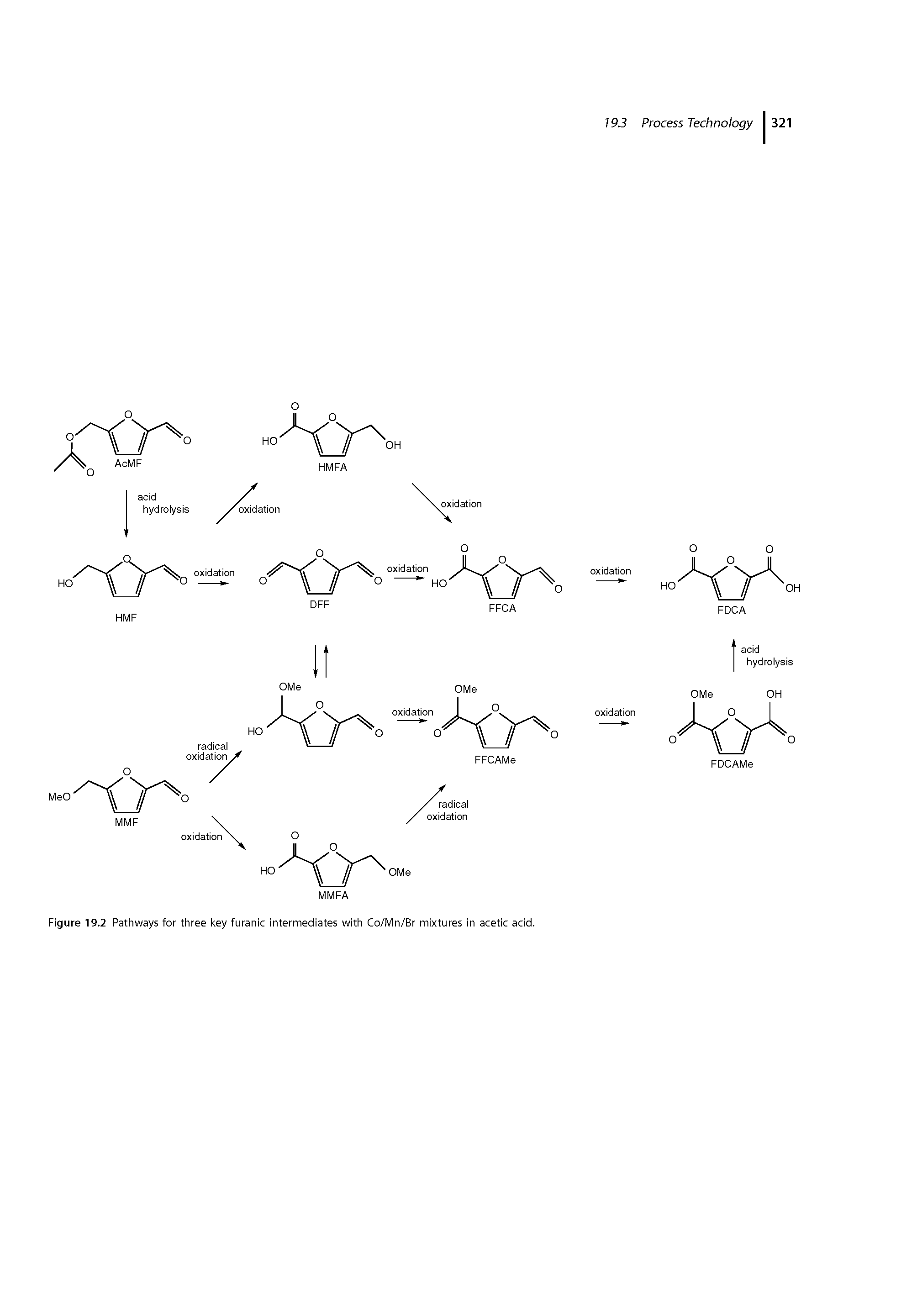 Figure 19.2 Pathways for three key furanic intermediates with Co/Mn/Br mixtures in acetic acid.