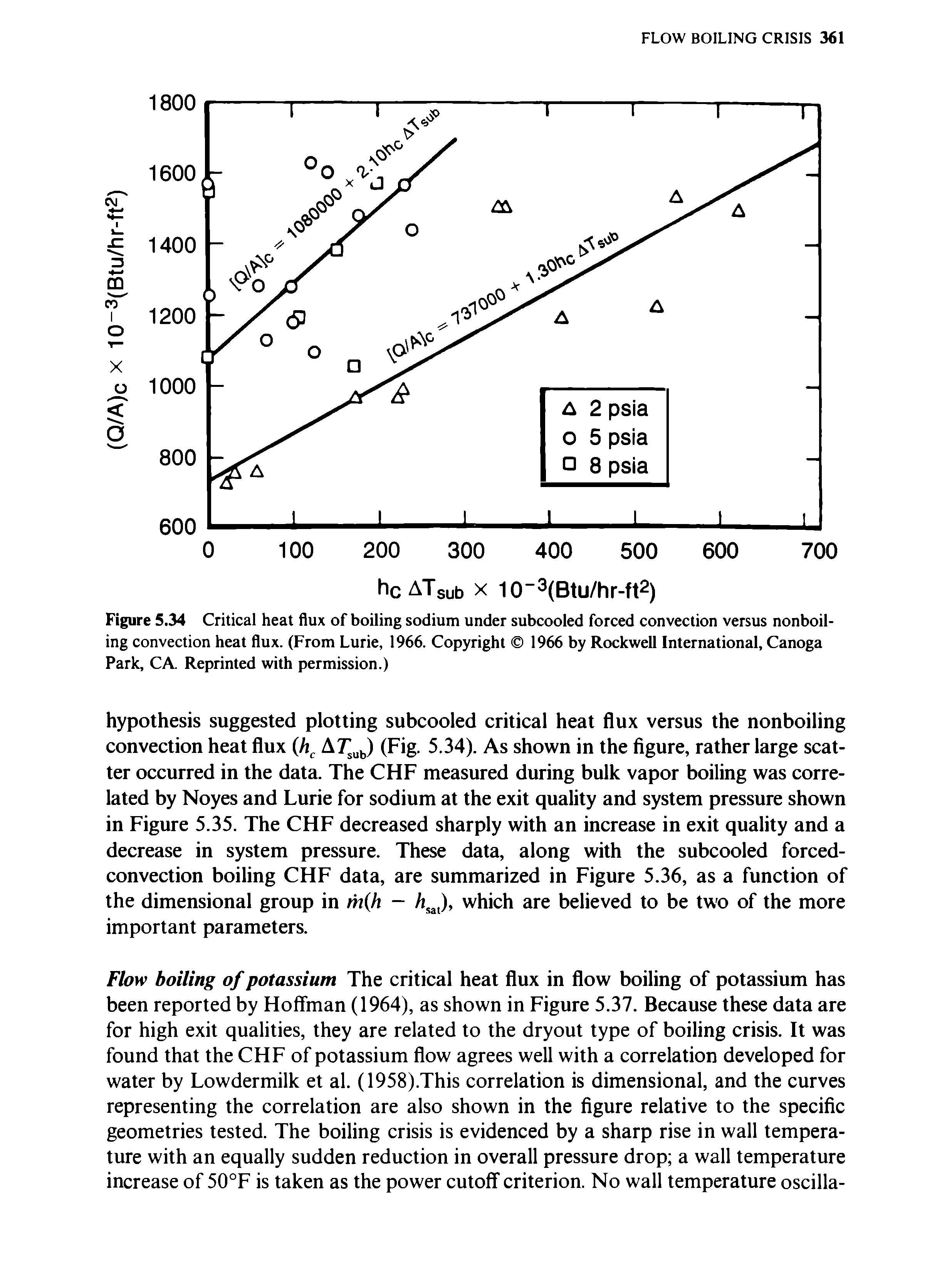Figure 5.34 Critical heat flux of boiling sodium under subcooled forced convection versus nonboiling convection heat flux. (From Lurie, 1966. Copyright 1966 by Rockwell International, Canoga Park, CA. Reprinted with permission.)...