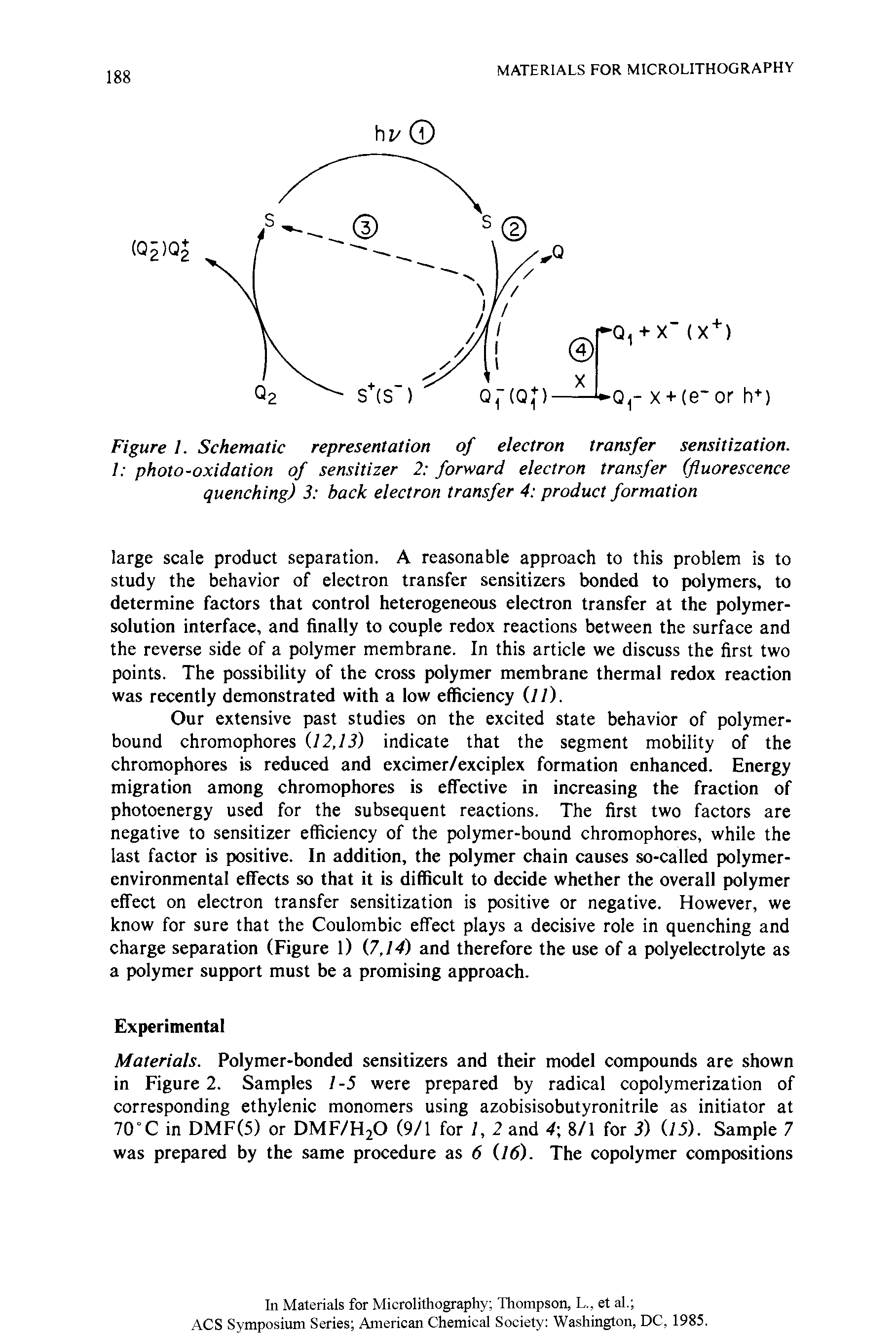 Figure 1. Schematic representation of electron transfer sensitization. 1 photo-oxidation of sensitizer 2 forward electron transfer (fluorescence quenching) 3 back electron transfer 4 product formation...