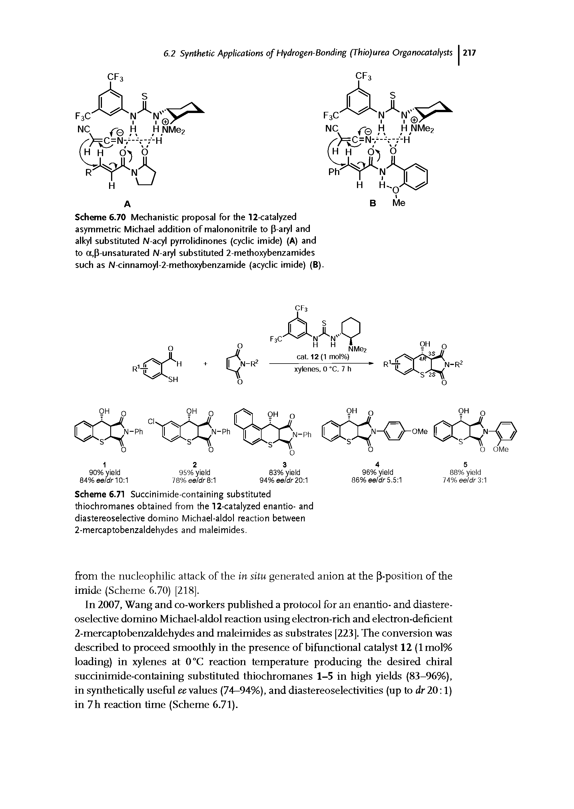 Scheme 6.70 Mechanistic proposal for the 12-catalyzed asymmetric Michael addition of malononitrile to (J-aryl and alkyl substituted N-acyl pyrrolidinones (cyclic imide) (A) and to a,P-unsaturated N-aryl substituted 2-methoxybenzamides such as N-cinnamoyl-2-methoxybenzamide (acyclic imide) (B).