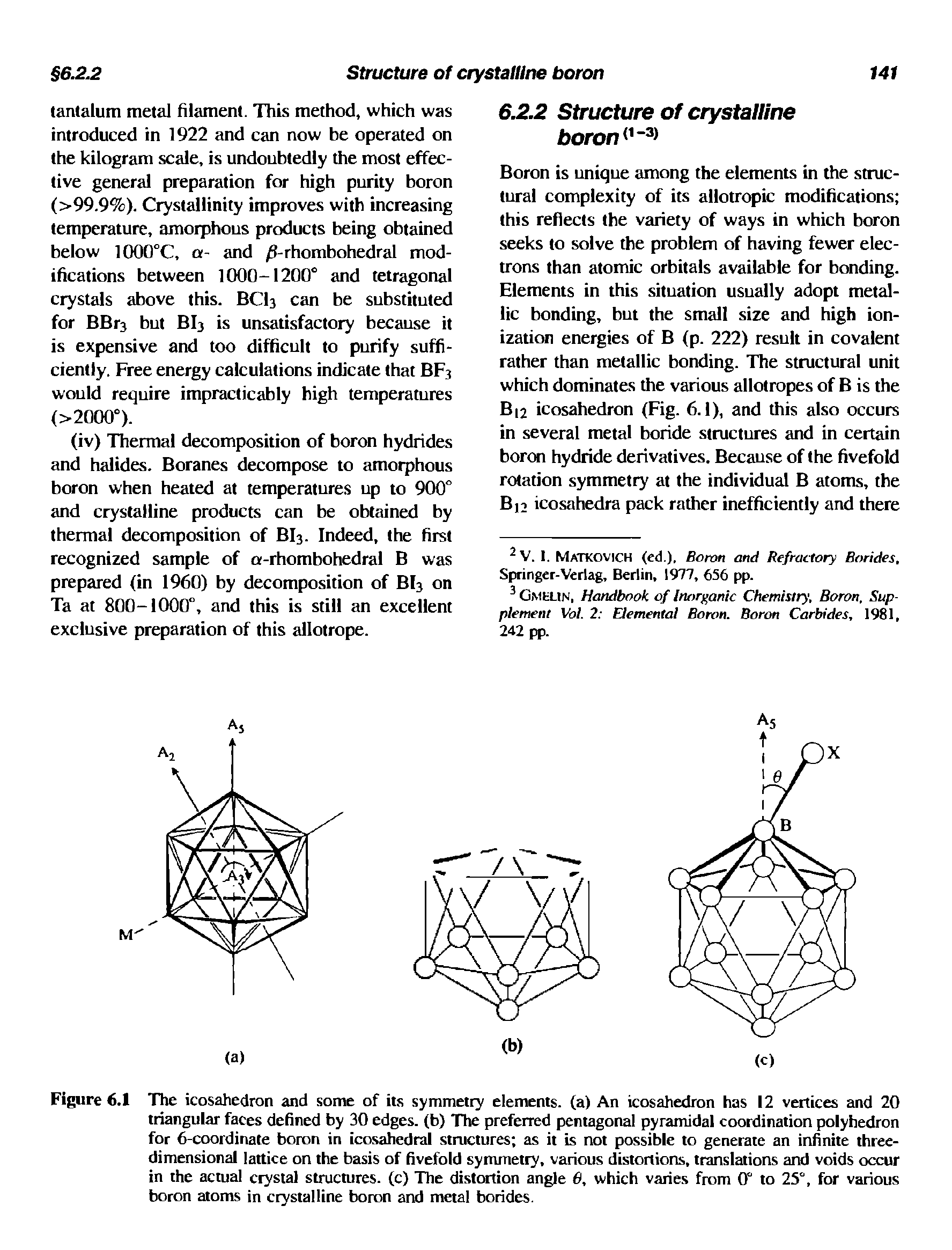 Figure 6.1 The icosahedron and some of its symmetry elements, (a) An icosahedron has 12 vertices and 20 triangular faces defined by 30 edges, (b) The preferred pentagonal pyramidal coordination polyhedron for 6-coordinate boron in icosahedral structures as it is not possible to generate an infinite three-dimensional lattice on the basis of fivefold symmetry, various distortions, translations and voids occur in the actual crystal structures, (c) The distortion angle 0, which varies from 0° to 25°, for various boron atoms in crystalline boron and metal borides.