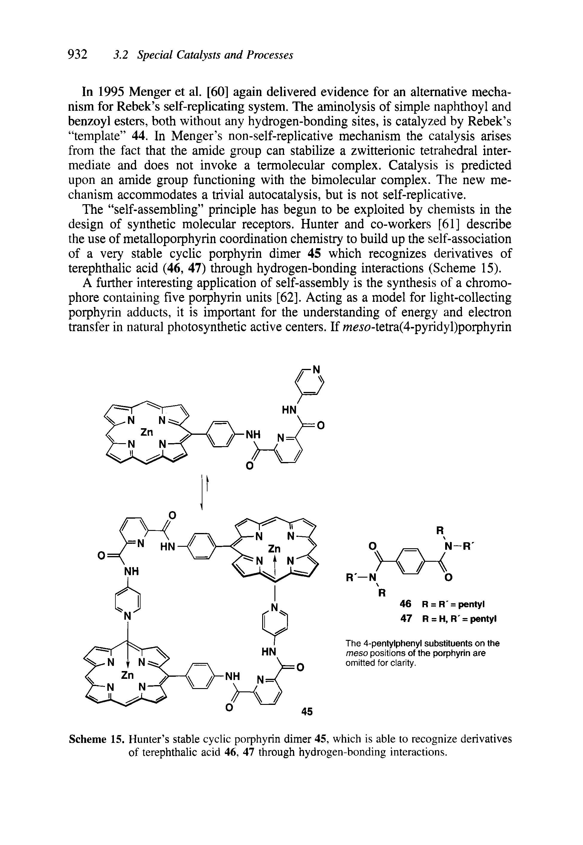 Scheme 15. Hunter s stable cyclic porphyrin dimer 45, which is able to recognize derivatives of terephthalic acid 46, 47 through hydrogen-bonding interactions.