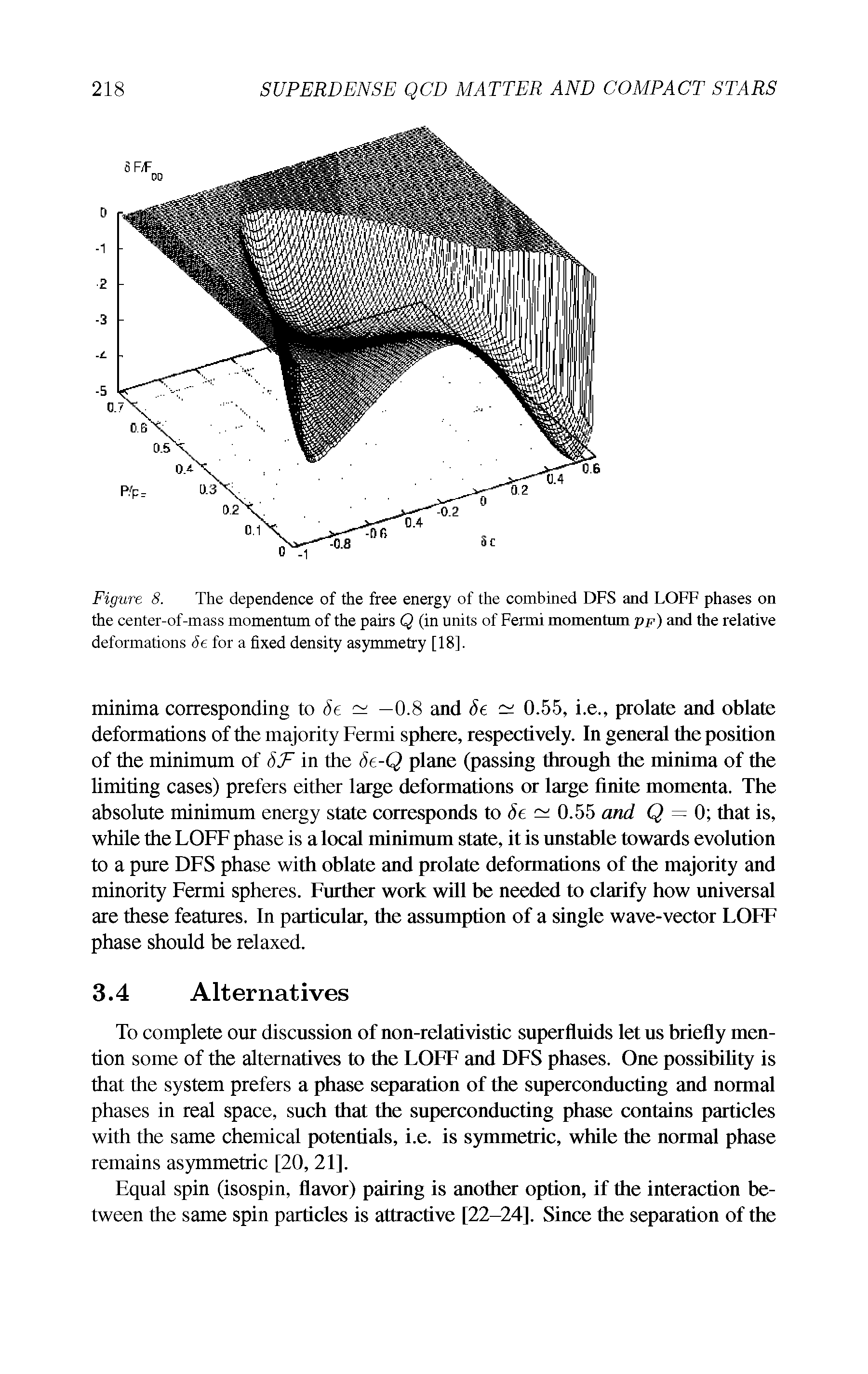 Figure 8. The dependence of the free energy of the combined DFS and LOFF phases on the center-of-mass momentum of the pairs Q (in units of Fermi momentum pf) and the relative deformations Se for a fixed density asymmetry [18].