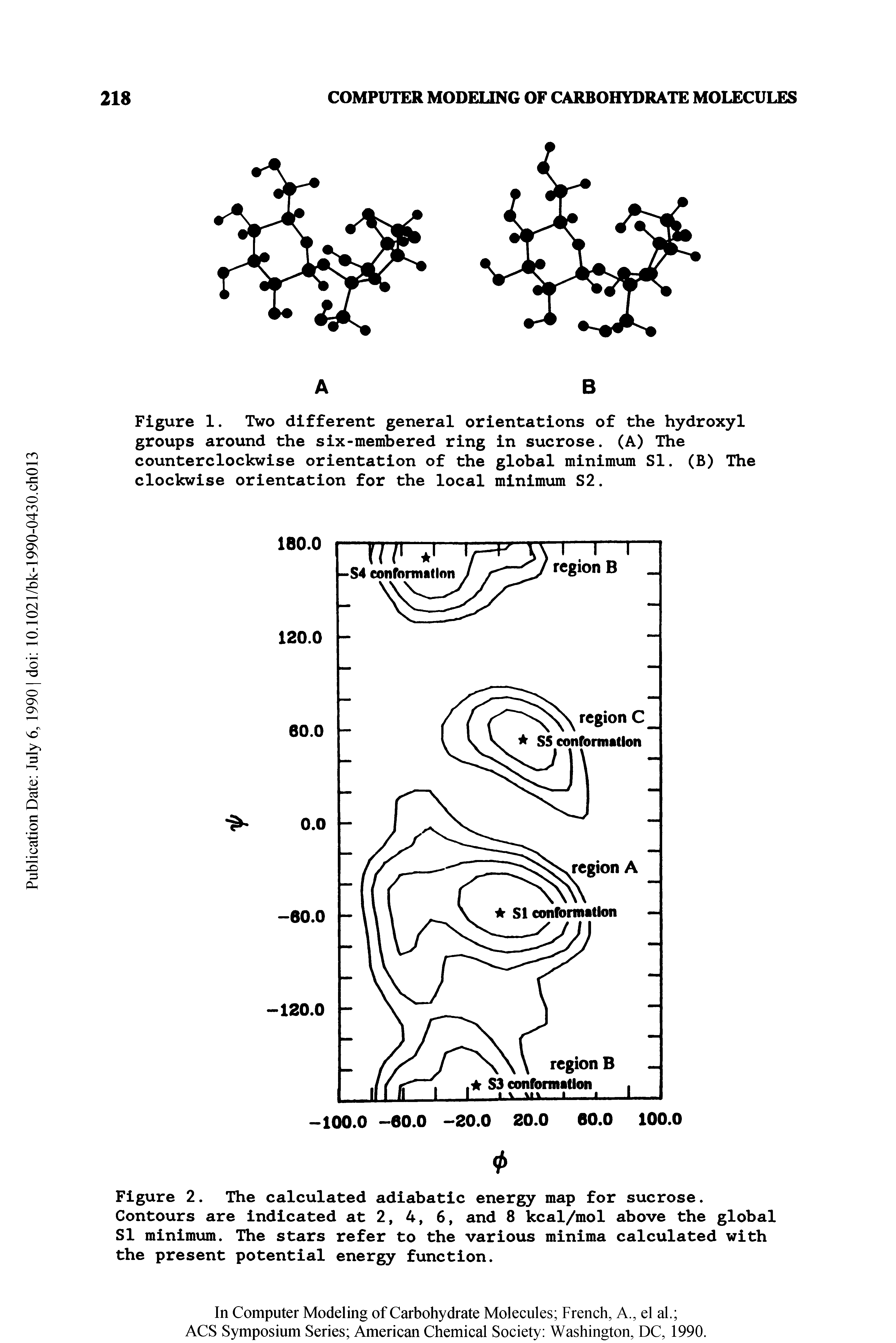 Figure 2. The calculated adiabatic energy map for sucrose. Contours are indicated at 2, 4, 6, and 8 kcal/mol above the global SI minimum. The stars refer to the various minima calculated with the present potential energy function.