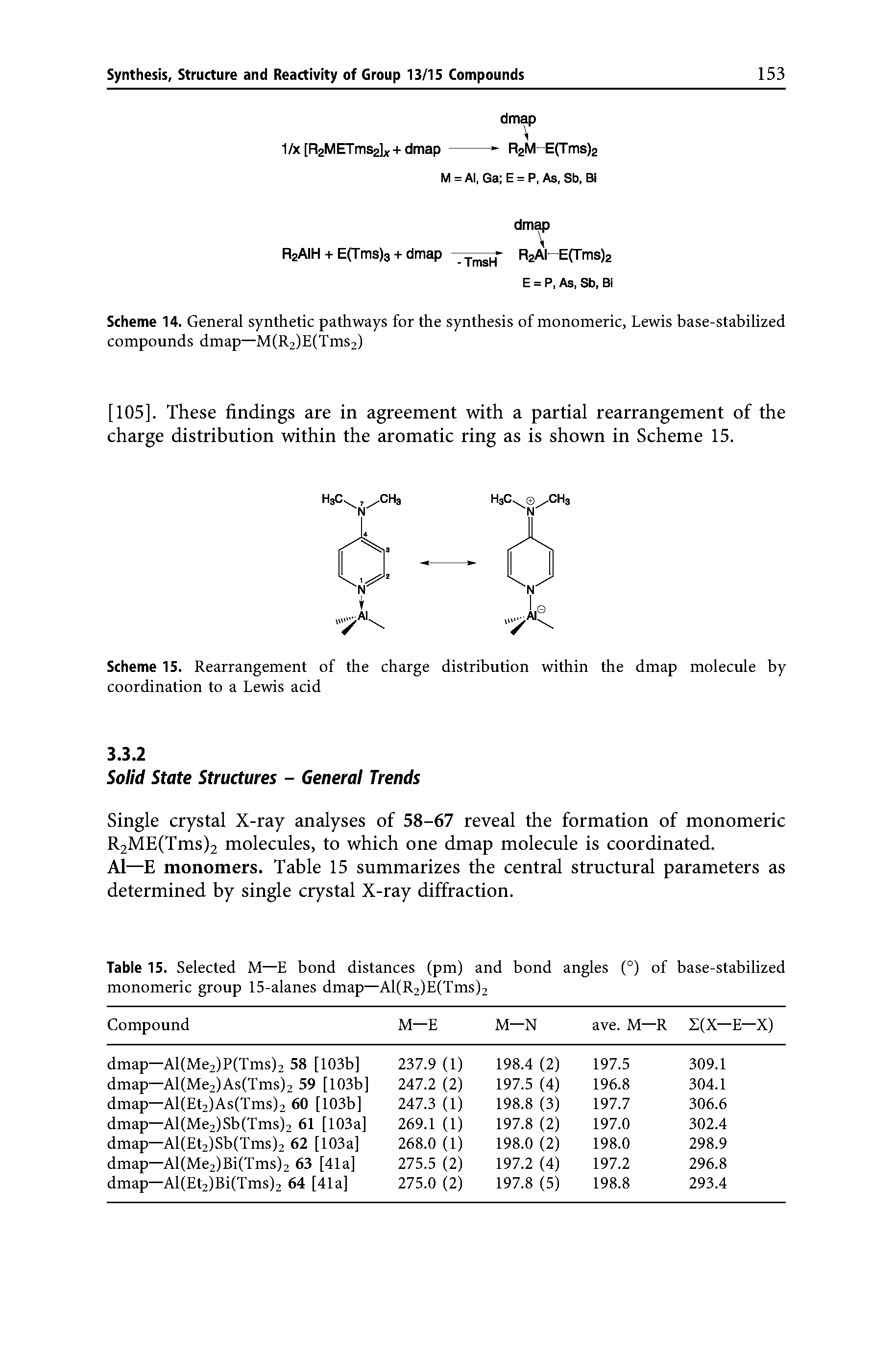 Scheme 14. General synthetic pathways for the synthesis of monomeric, Lewis base-stabilized compounds dmap—M(R2)E(Tms2)...