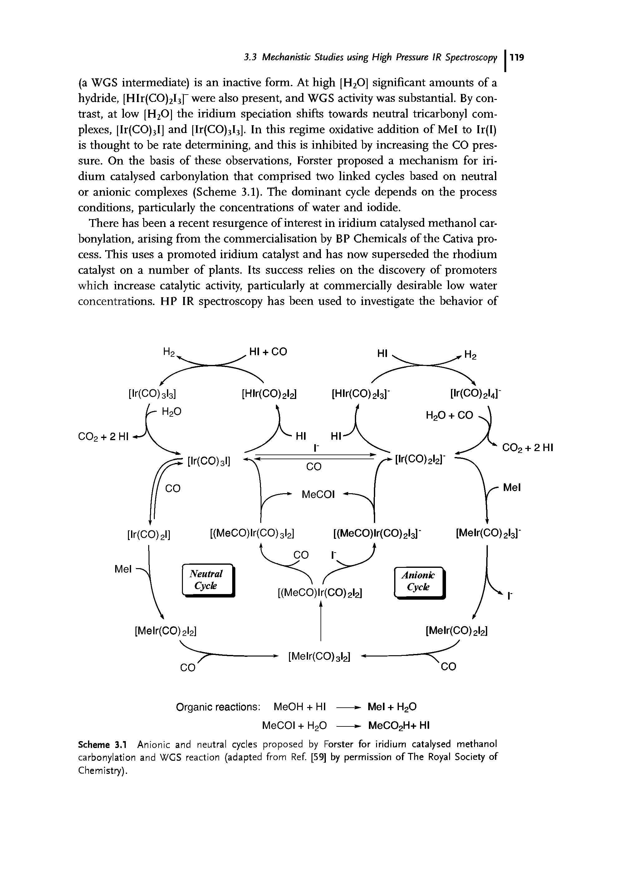 Scheme 3.1 Anionic and neutral cycles proposed by Forster for iridium catalysed methanol carbonylation and WGS reaction (adapted from Ref [59] by permission of The Royal Society of Chemistry).