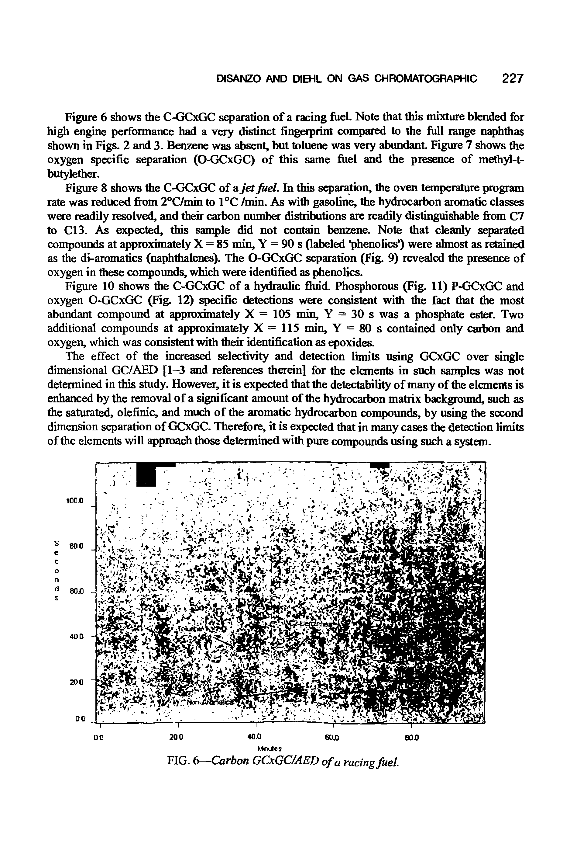 Figure 10 shows die C-GCxGC of a hydraulic fluid. Phosphorous (Fig. 11) P-GCxGC and oxygen 0-GCxGC (Fig. 12) specific detections were consistent with die fact diat the most abundant compound at approximately X = 105 min, Y = 30 s was a phosphate ester. Two additional compounds at approximately X = 115 min, Y = 80 s contained only carbon and oxygen, which was consistent with dieir identification as epoxides.