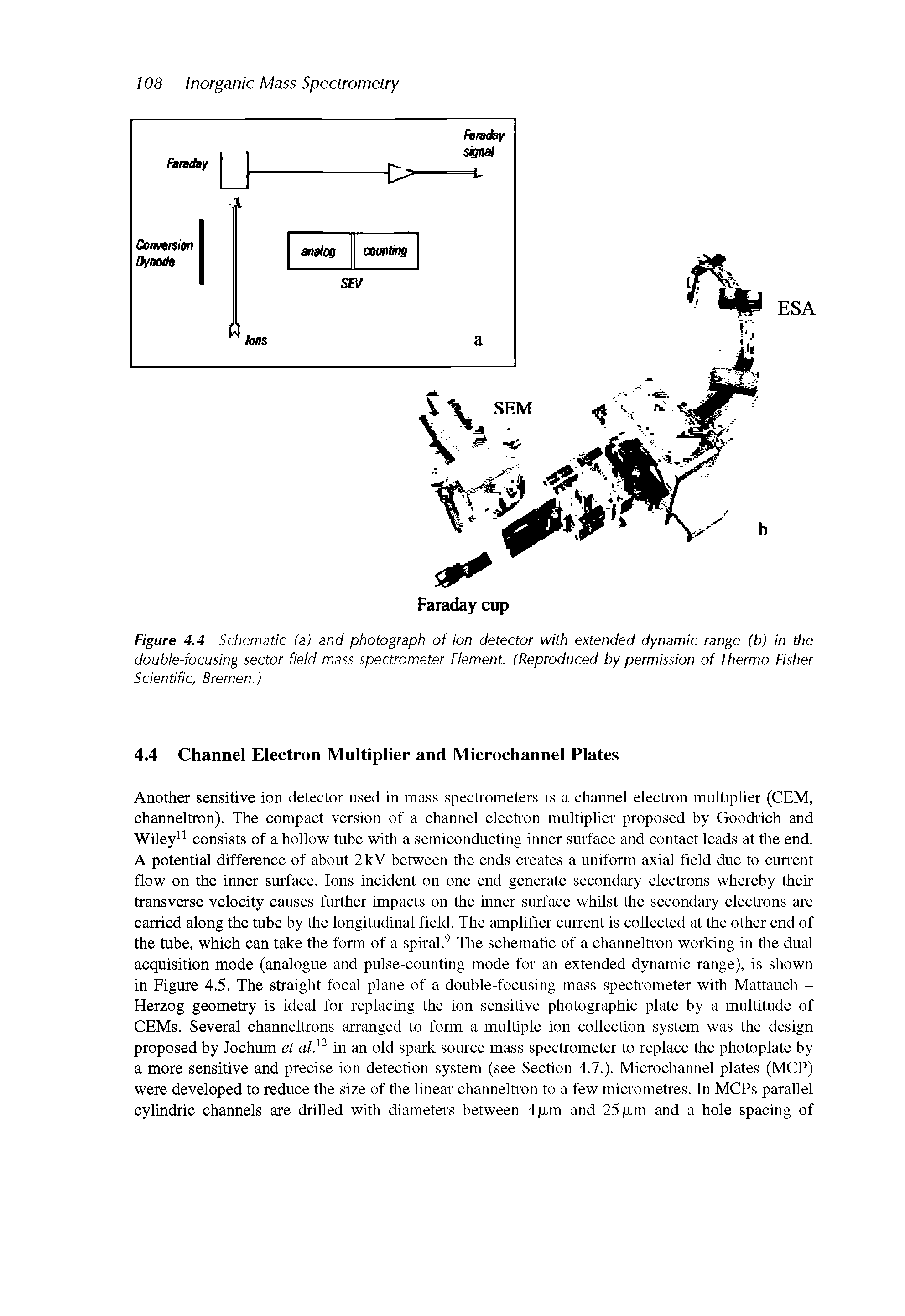 Figure 4.4 Schematic (a) and photograph of ion detector with extended dynamic range (b) in the double-focusing sector field mass spectrometer Element. (Reproduced by permission of Thermo Fisher Scientific, Bremen.)...