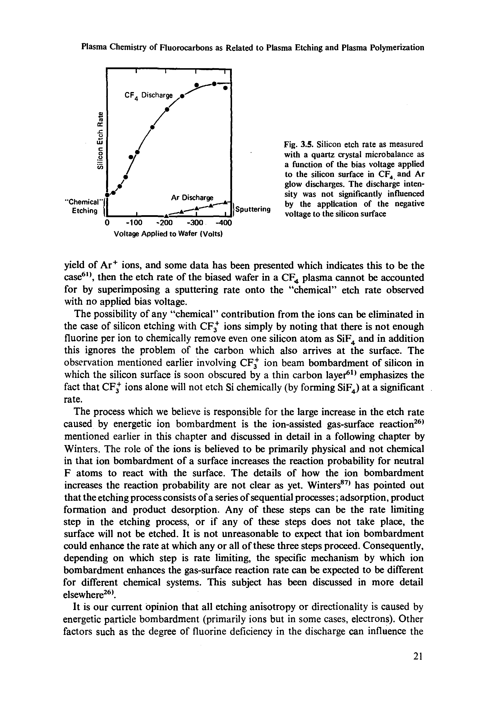 Fig. 3.5. Silicon etch rate as measured with a quartz crystal microbalance as a function of the bias voltage applied to the silicon surface in CF4 and Ar glow discharges. The discharge intensity was not significantly influenced by the application of the negative voltage to the silicon surface...