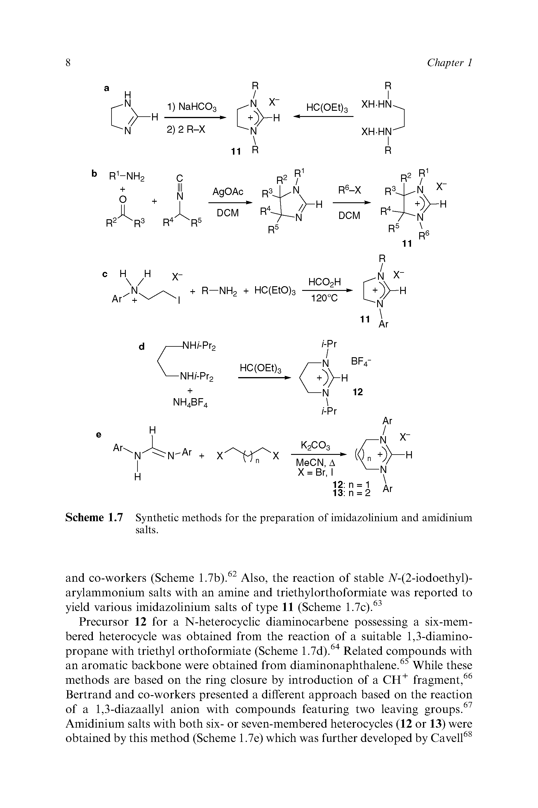 Scheme 1.7 Synthetic methods for the preparation of imidazolinium and amidinium salts.