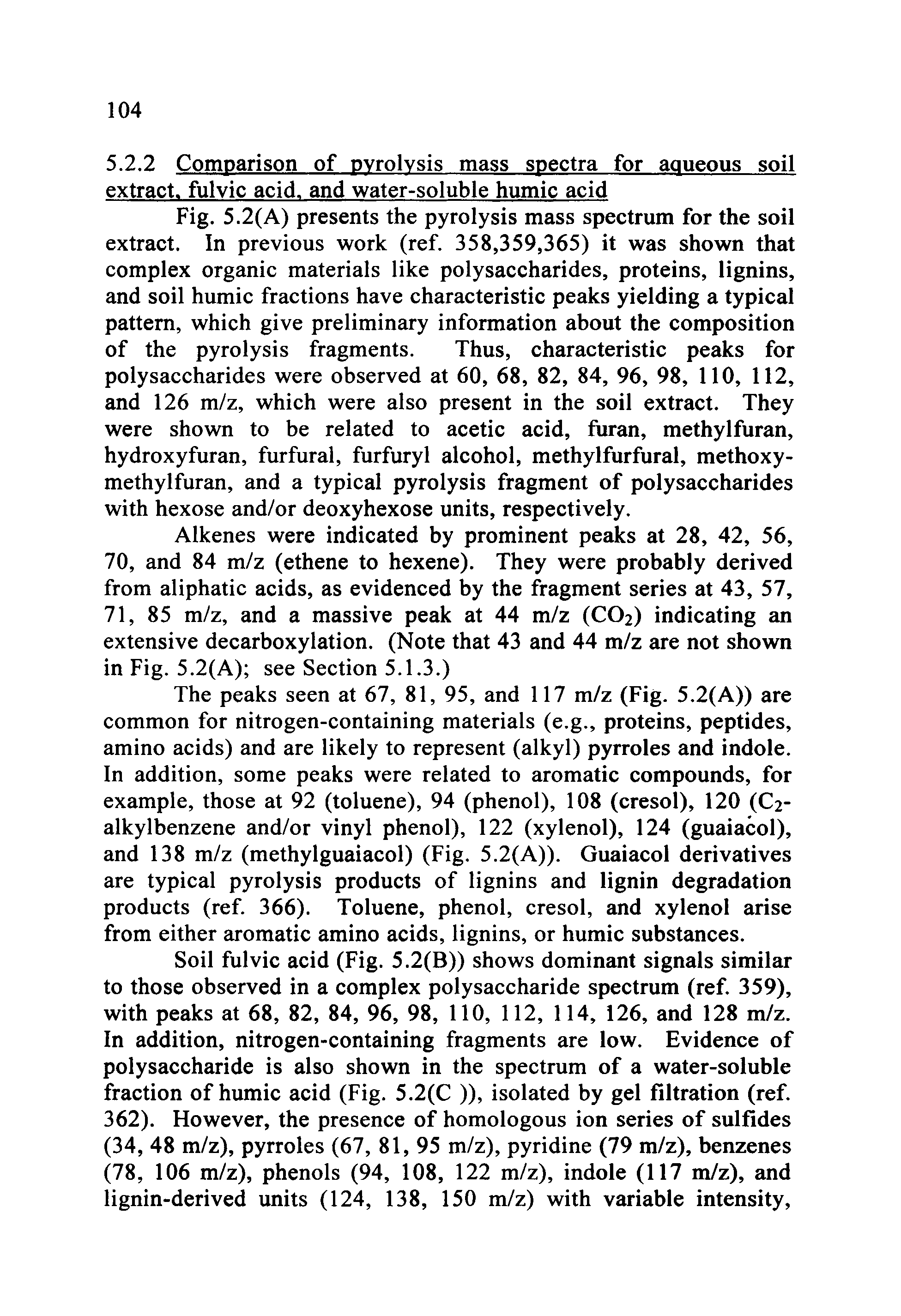 Fig. 5.2(A) presents the pyrolysis mass spectrum for the soil extract. In previous work (ref. 358,359,365) it was shown that complex organic materials like polysaccharides, proteins, lignins, and soil humic fractions have characteristic peaks yielding a typical pattern, which give preliminary information about the composition of the pyrolysis fragments. Thus, characteristic peaks for polysaccharides were observed at 60, 68, 82, 84, 96, 98, 110, 112, and 126 m/z, which were also present in the soil extract. They were shown to be related to acetic acid, furan, methylfuran, hydroxyfuran, furfural, furfuryl alcohol, methylfurfural, methoxy-methylfuran, and a typical pyrolysis fragment of polysaccharides with hexose and/or deoxyhexose units, respectively.