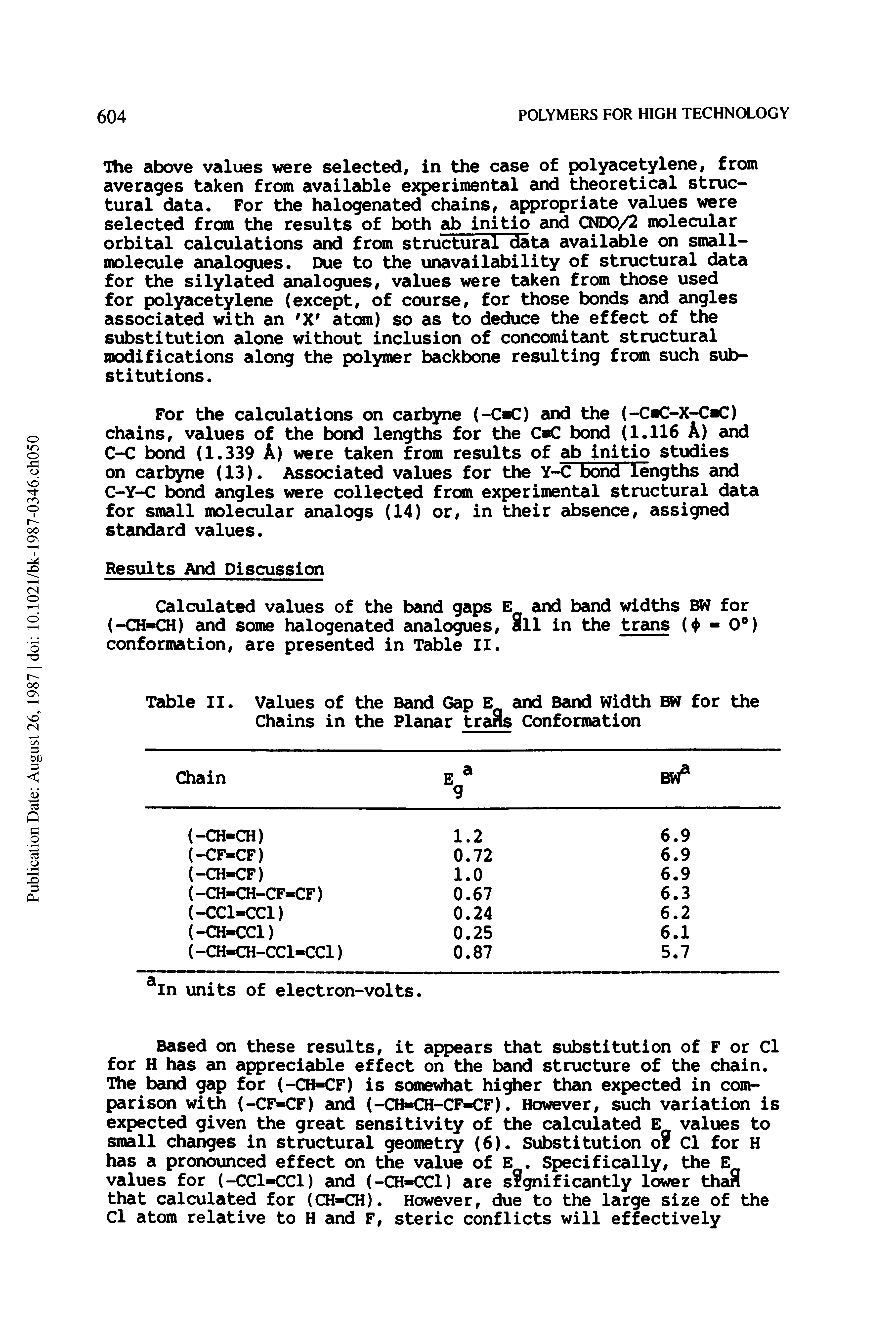 Table II. Values of the Band Gap E and Band Width BW for the Chains in the Planar trans Conformation...