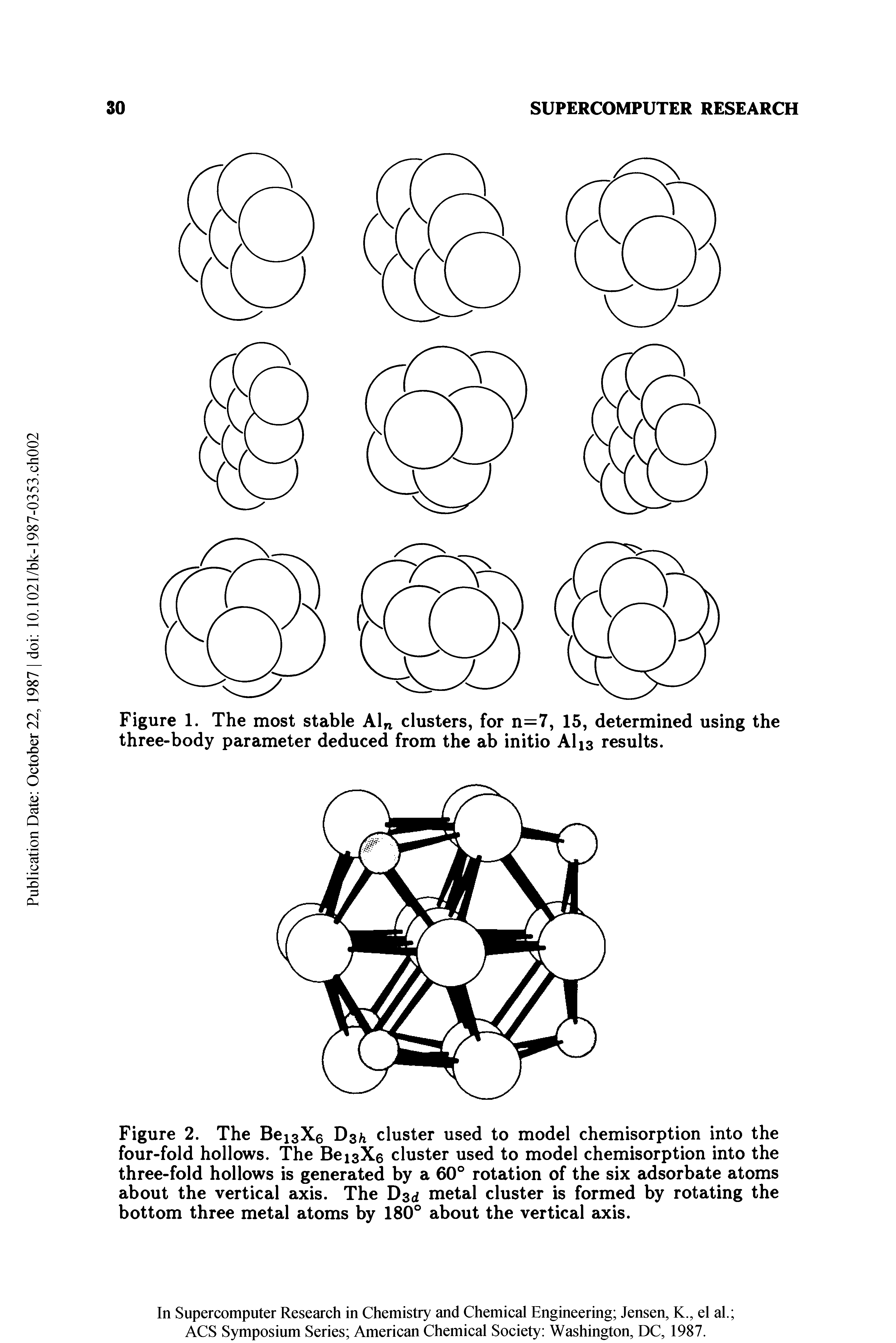 Figure 2. The BeisXe D3/1 cluster used to model chemisorption into the four-fold hollows. The Be 13X3 cluster used to model chemisorption into the three-fold hollows is generated by a 60° rotation of the six adsorbate atoms about the vertical axis. The D3d metal cluster is formed by rotating the bottom three metal atoms by 180° about the vertical axis.