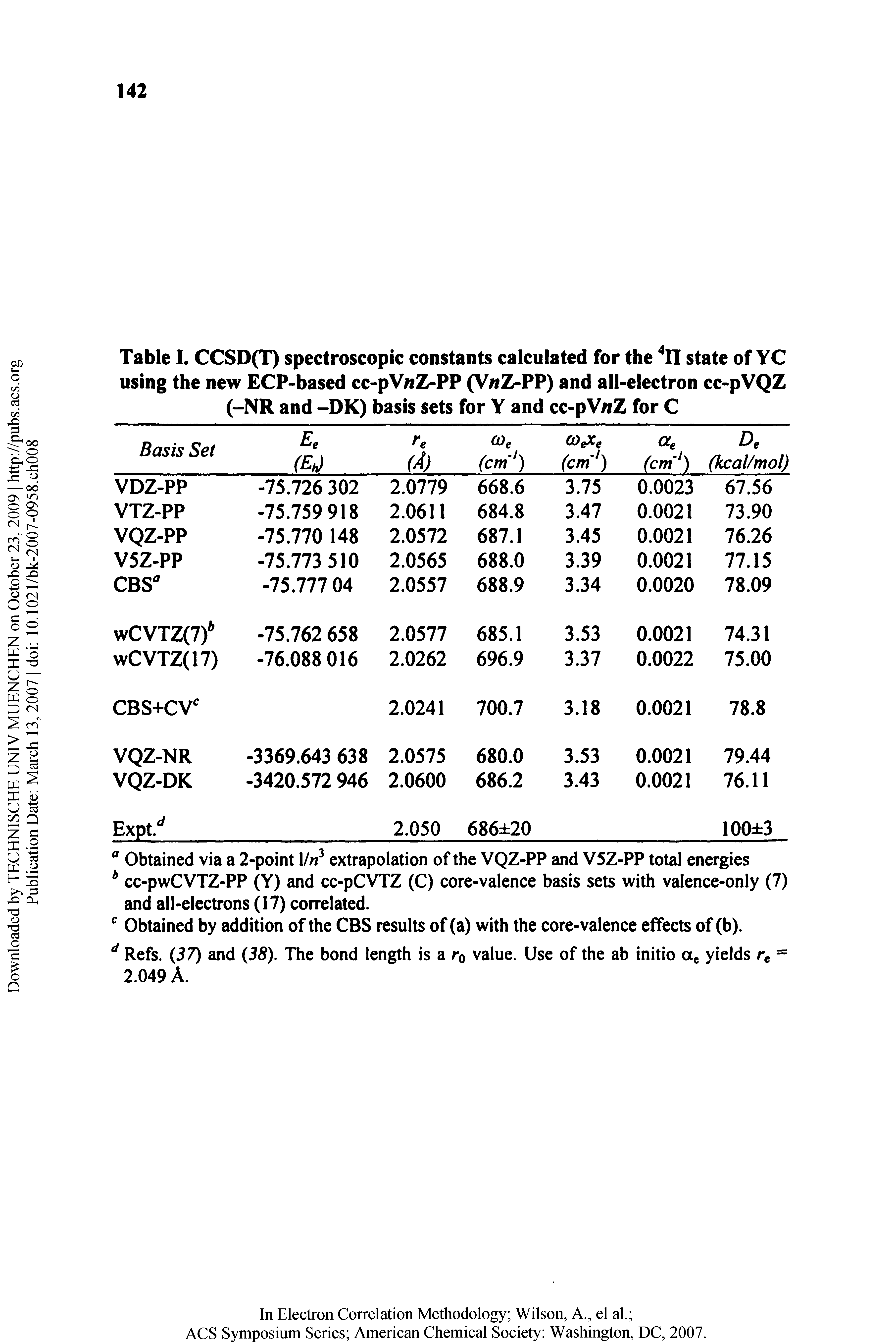 Table I. CCSD(T) spectroscopic constants calculated for the 11 state of YC using the new ECP-based cc-pVnZ-PP (V/tZ-PP) and all-electron cc- pVQZ (-NR and -DK) basis sets for Y and cc-pV/fZ for C...