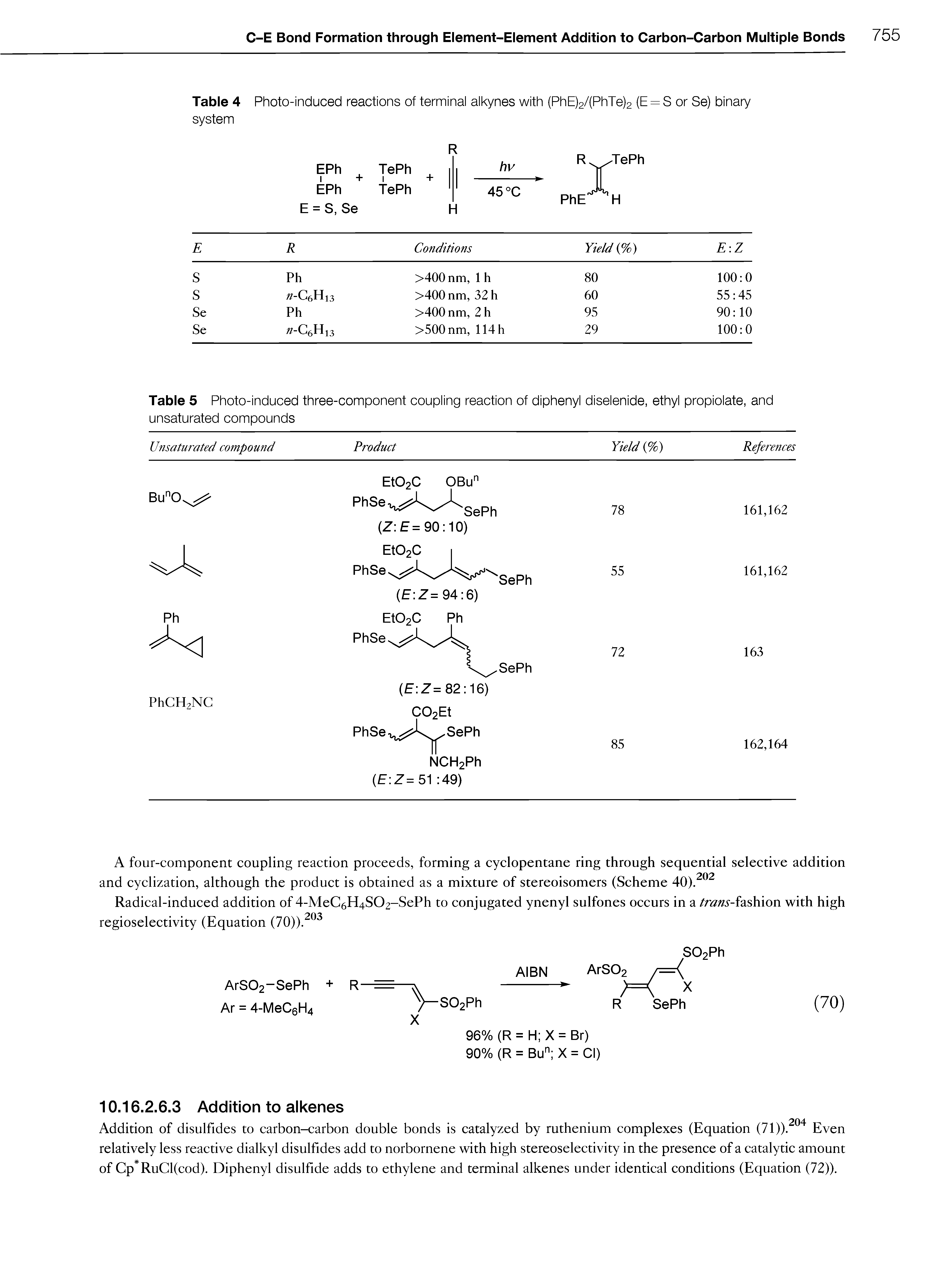 Table 5 Photo-induced three-component coupling reaction of diphenyl diselenide, ethyl propiolate, and unsaturated compounds...