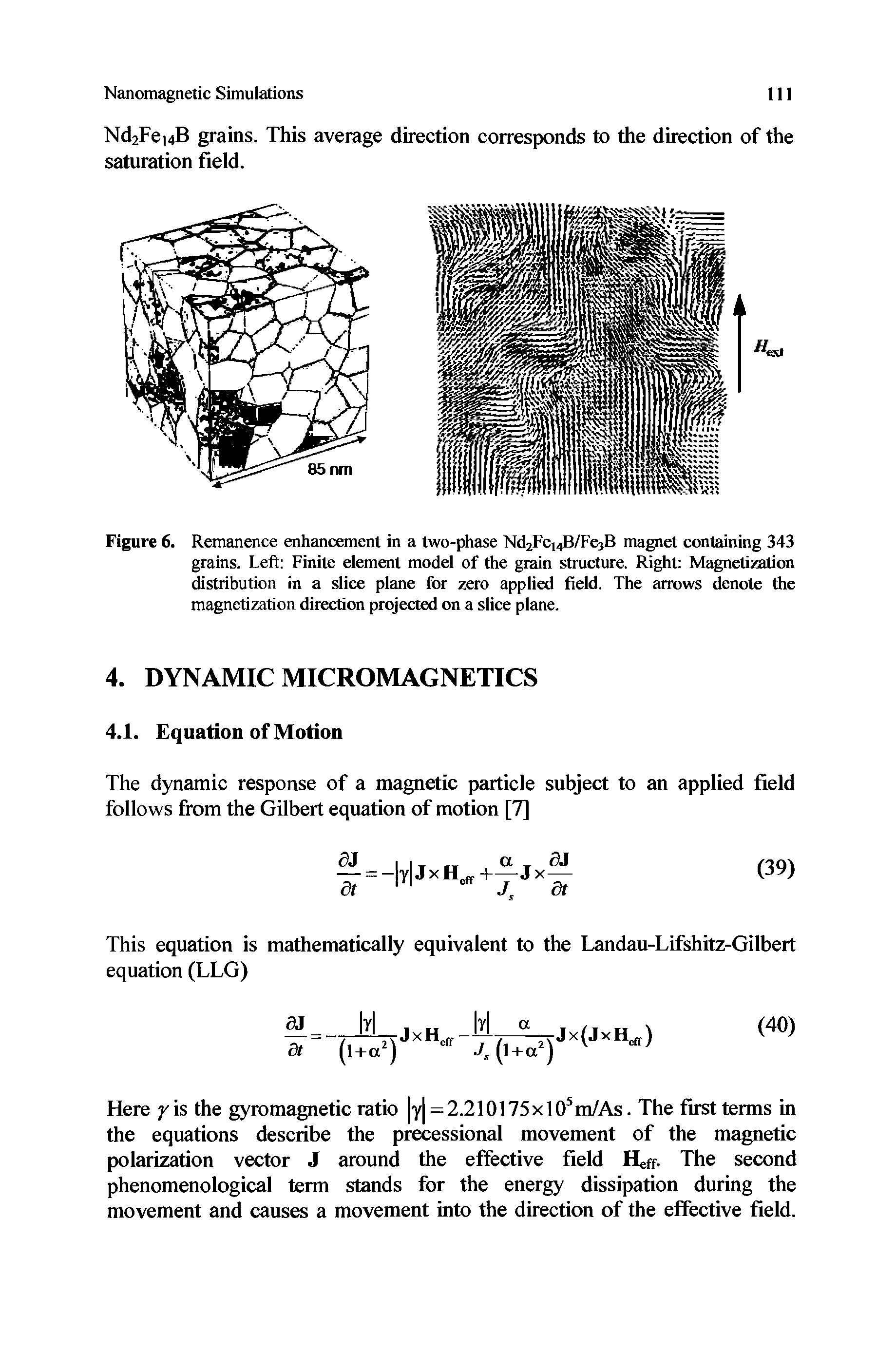 Figure 6. Remanence enhancement in a two-phase Nd2Fe 4B/Fe3B magnet containing 343 grains. Left Finite element model of the grain structure. Right Magnetization distribution in a slice plane for zero applied field. The arrows denote the magnetization direction projected on a slice plane.