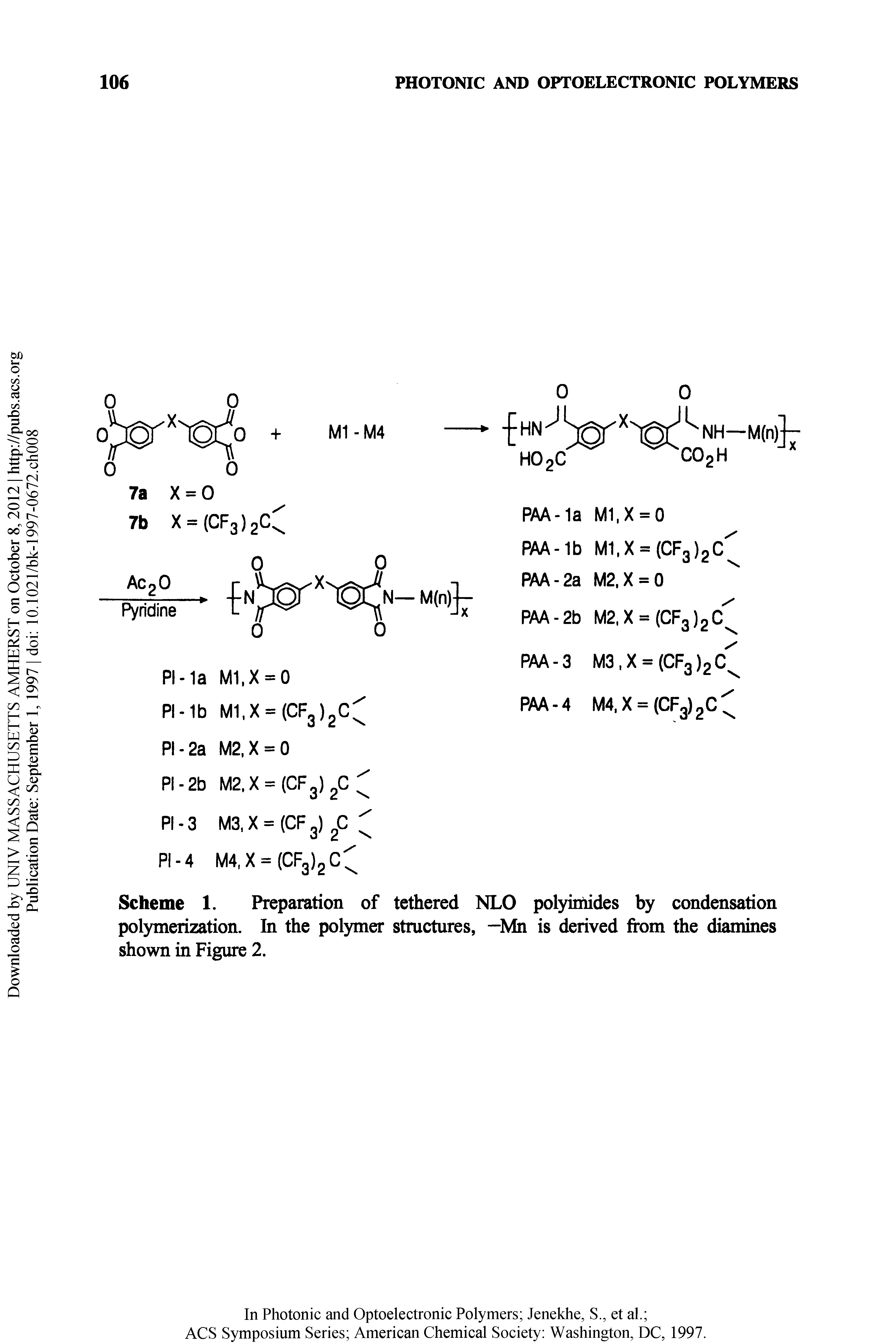 Scheme 1. Preparation of tethered NLO polyimides by condensation polymerization. In the polymer structures, -Mn is derived from the diamines shown in Figure 2.