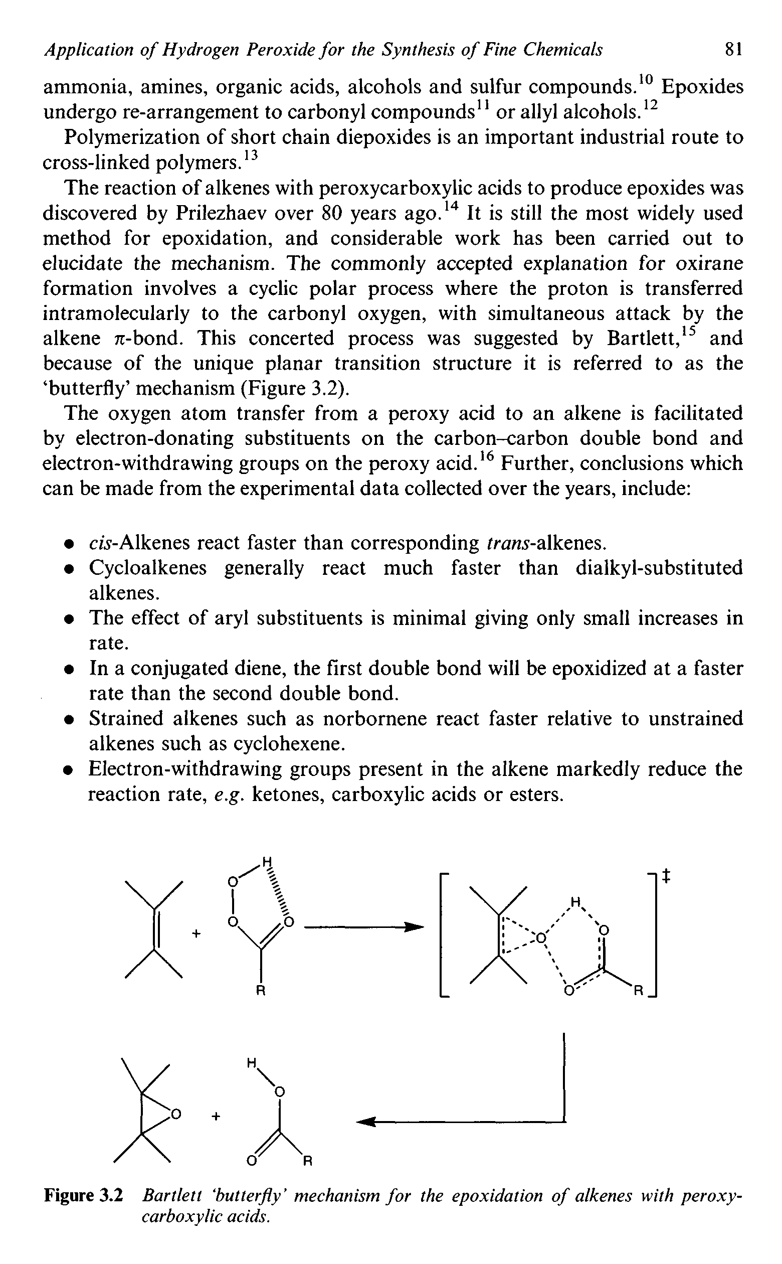 Figure 3.2 Bartlett butterfly mechanism for the epoxidation of alkenes with peroxycarboxylic acids.