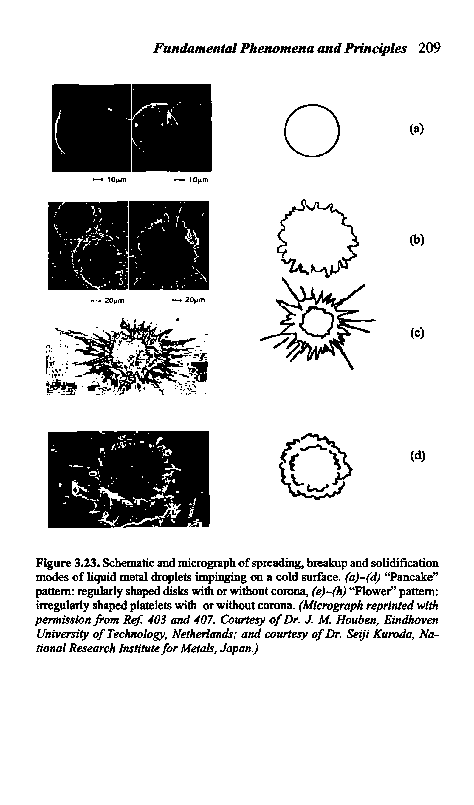 Figure 3.23. Schematic and micrograph of spreading, breakup and solidification modes of liquid metal droplets impinging on a cold surface. (a)-(d) Pancake pattern regularly shaped disks with or without corona, (e)-(h) Flower pattern irregularly shaped platelets with or without corona. (Micrograph reprinted with permission from Ref. 403 and 407. Courtesy of Dr. J. M. Houben, Eindhoven University of Technology, Netherlands and courtesy of Dr. Seiji Kuroda, National Research Institute for Metals, Japan.)...