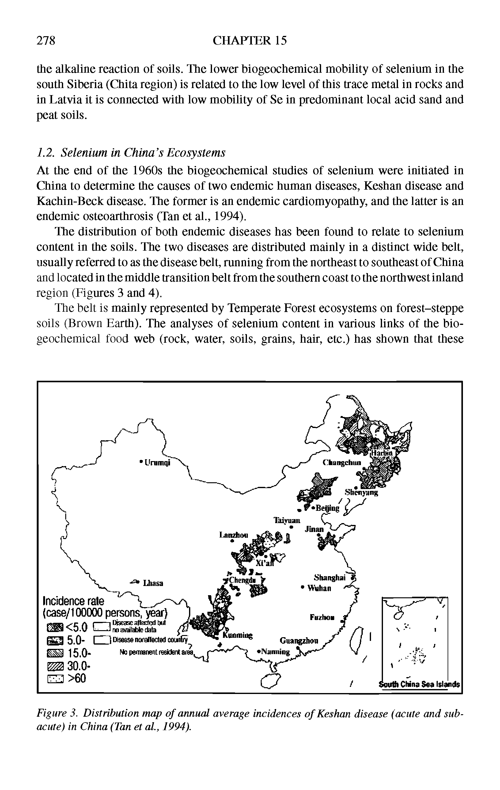 Figure 3. Distribution map of annual average incidences of Keshan disease (acute and subacute) in China (Tan et al., 1994).