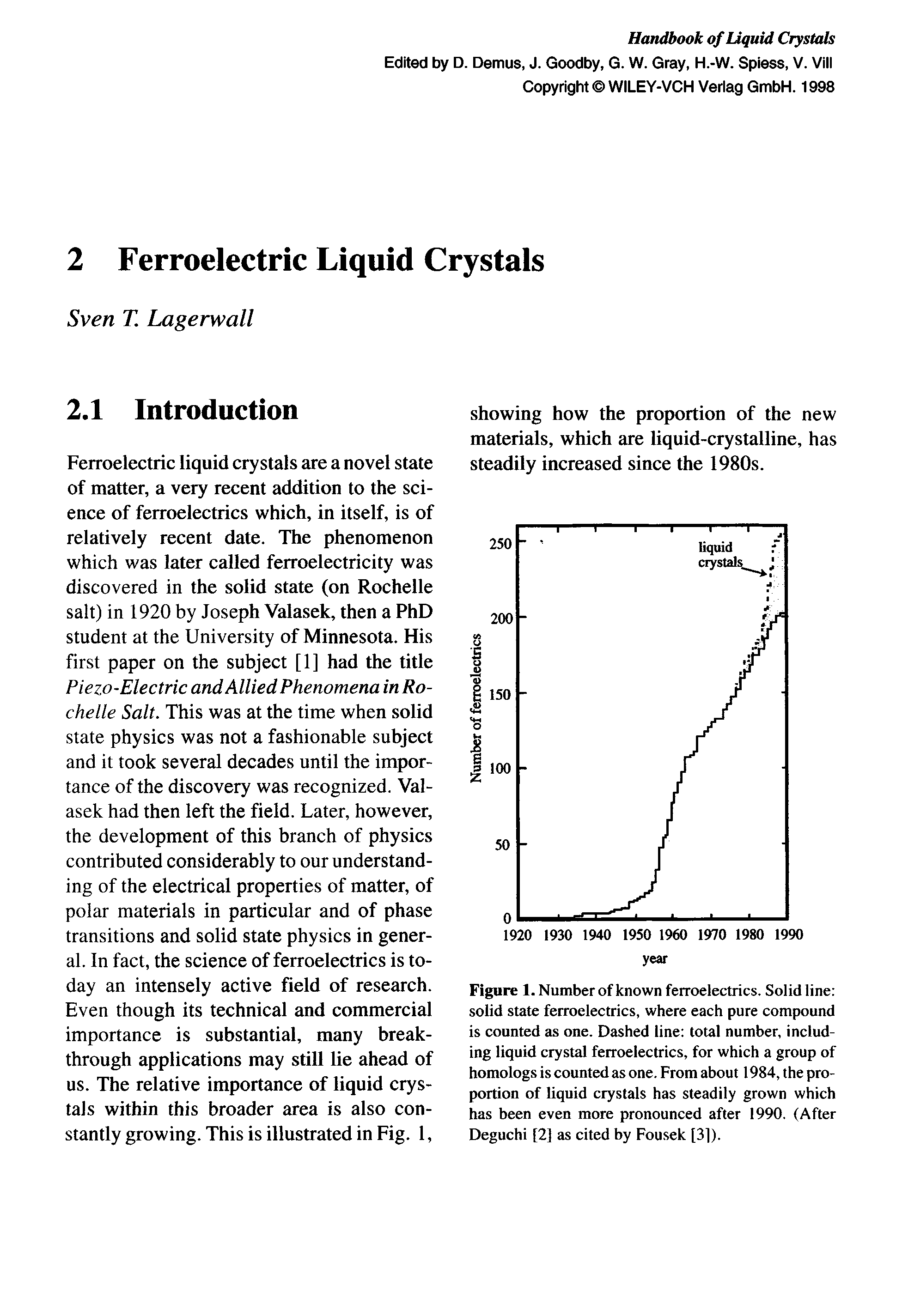 Figure 1. Number of known ferroelectrics. Solid line solid state ferroelectrics, where each pure compound is counted as one. Dashed line total number, including liquid crystal ferroelectrics, for which a group of homologs is counted as one. From about 1984, the proportion of liquid crystals has steadily grown which has been even more pronounced after 1990. (After Deguchi [2] as cited by Fousek [31).