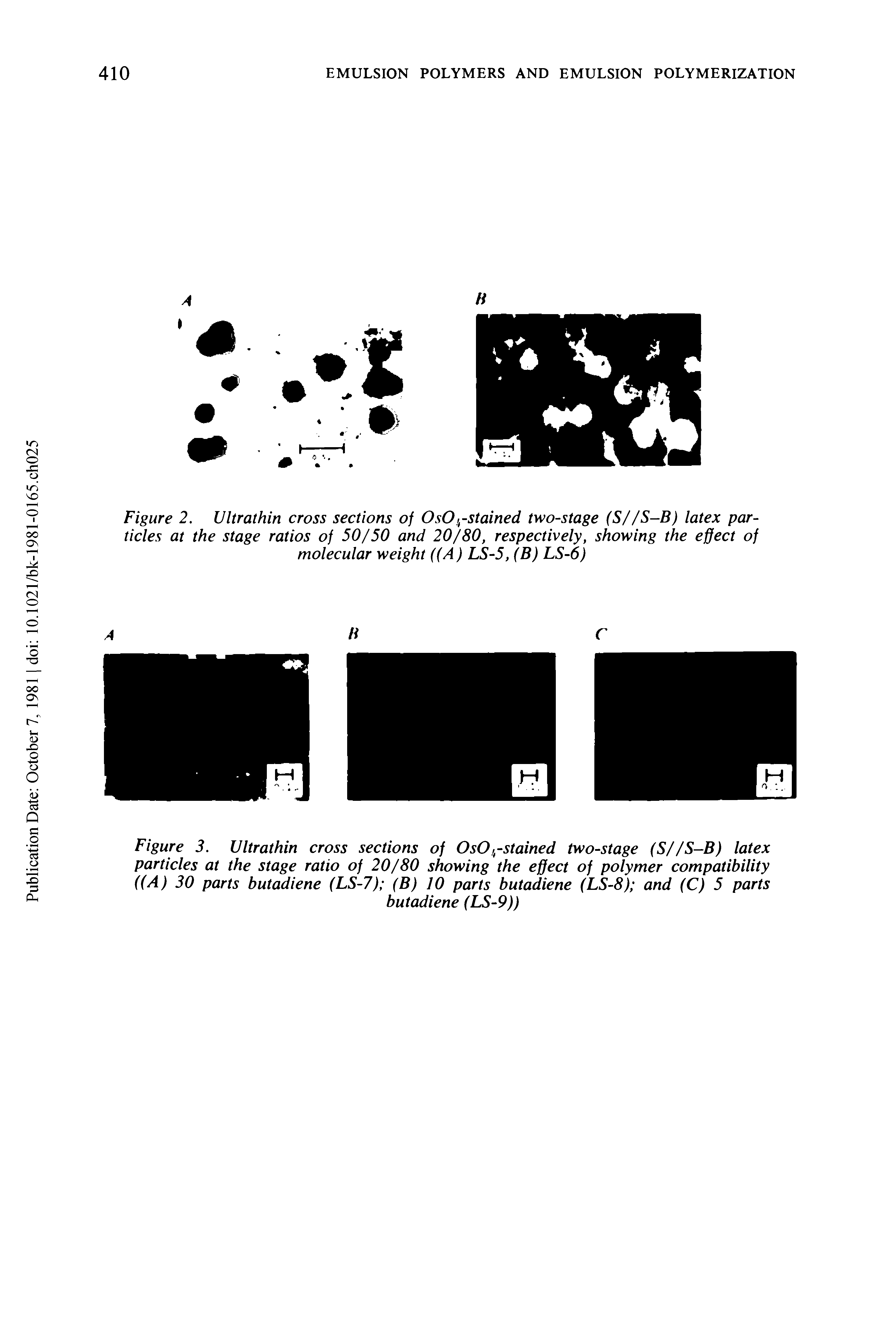 Figure 3. Ultrathin cross sections of OsO, -stained two-stage (S//S-B) latex particles at the stage ratio of 20/80 showing the effect of polymer compatibility ((A) 30 parts butadiene (LS-7) (B) JO parts butadiene (LS-8) and (C) 5 parts...