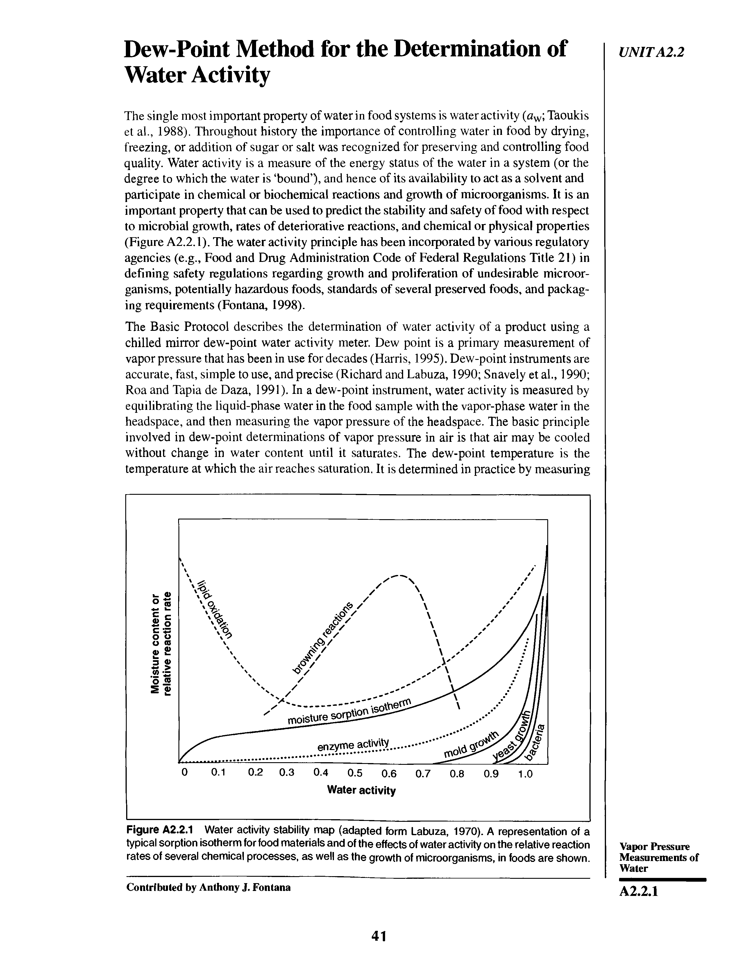 Figure A2.2.1 Water activity stability map (adapted form Labuza, 1970). A representation of a typical sorption isotherm for food materials and of the effects of water activity on the relative reaction rates of several chemical processes, as well as the growth of microorganisms, in foods are shown.