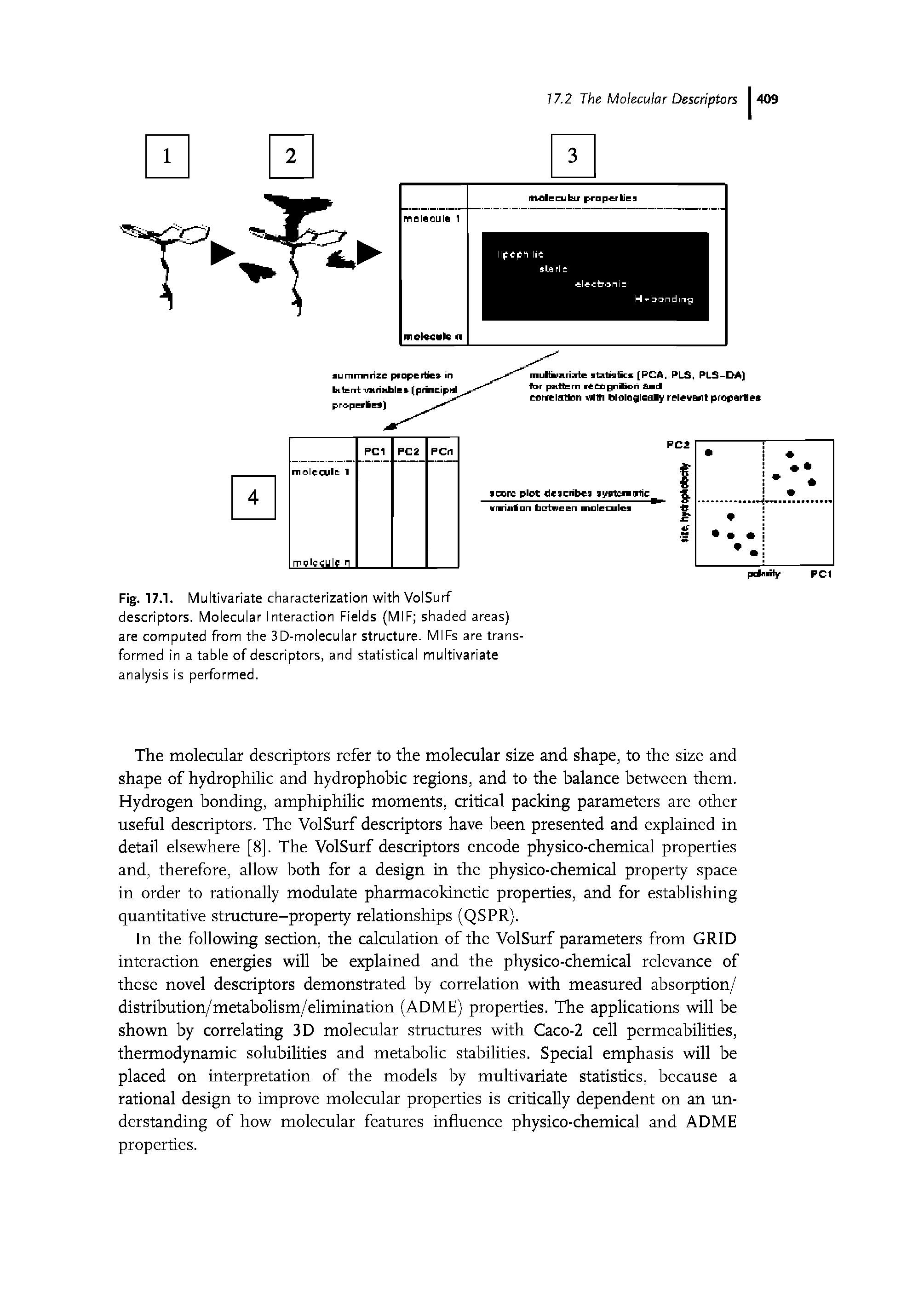 Fig. 17.1. Multivariate characterization with VolSurf descriptors. Molecular Interaction Fields (MIF shaded areas) are computed from the 3D-molecular structure. MIFs are transformed in a table of descriptors, and statistical multivariate analysis is performed.