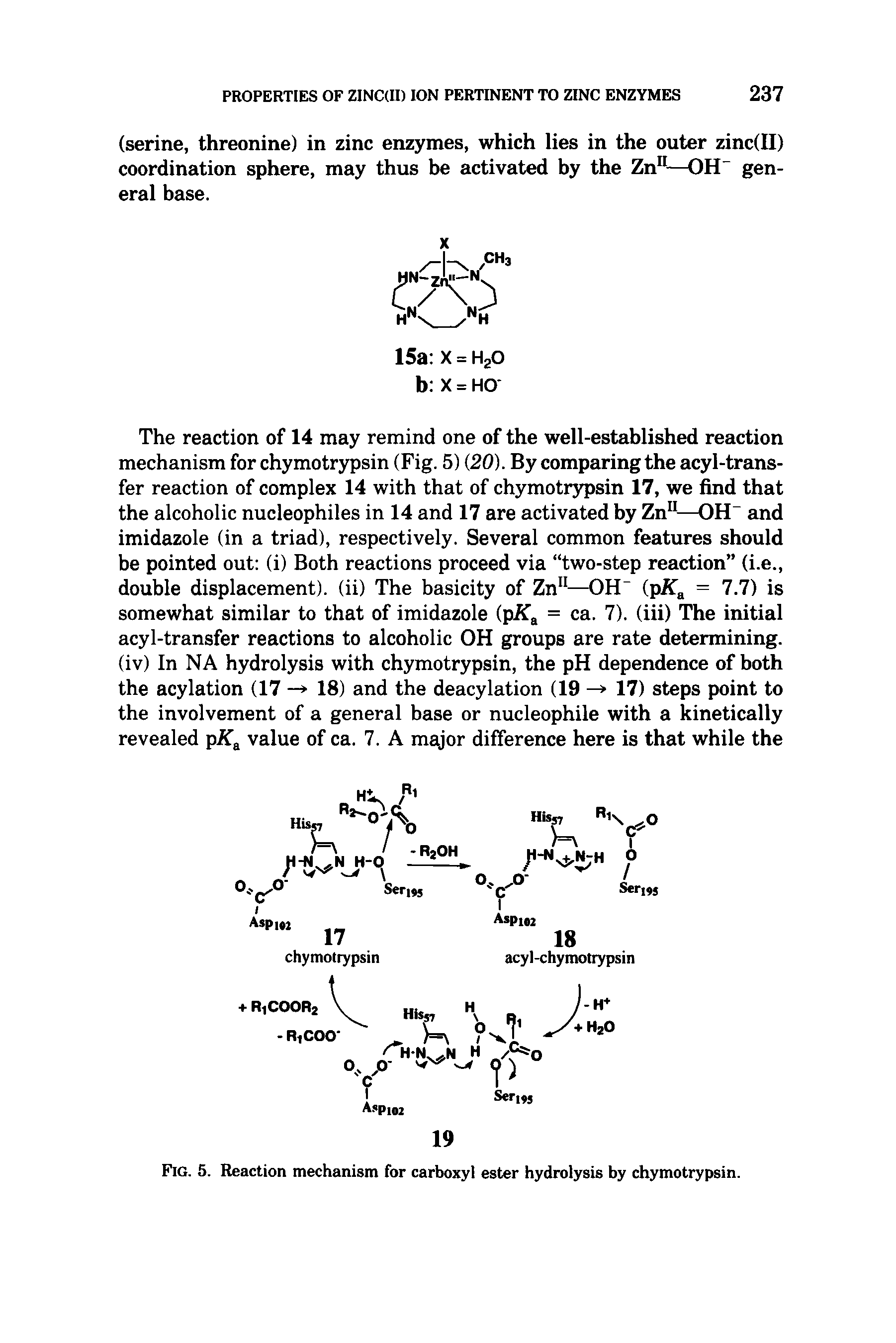 Fig. 5. Reaction mechanism for carboxyl ester hydrolysis by chymotrypsin.