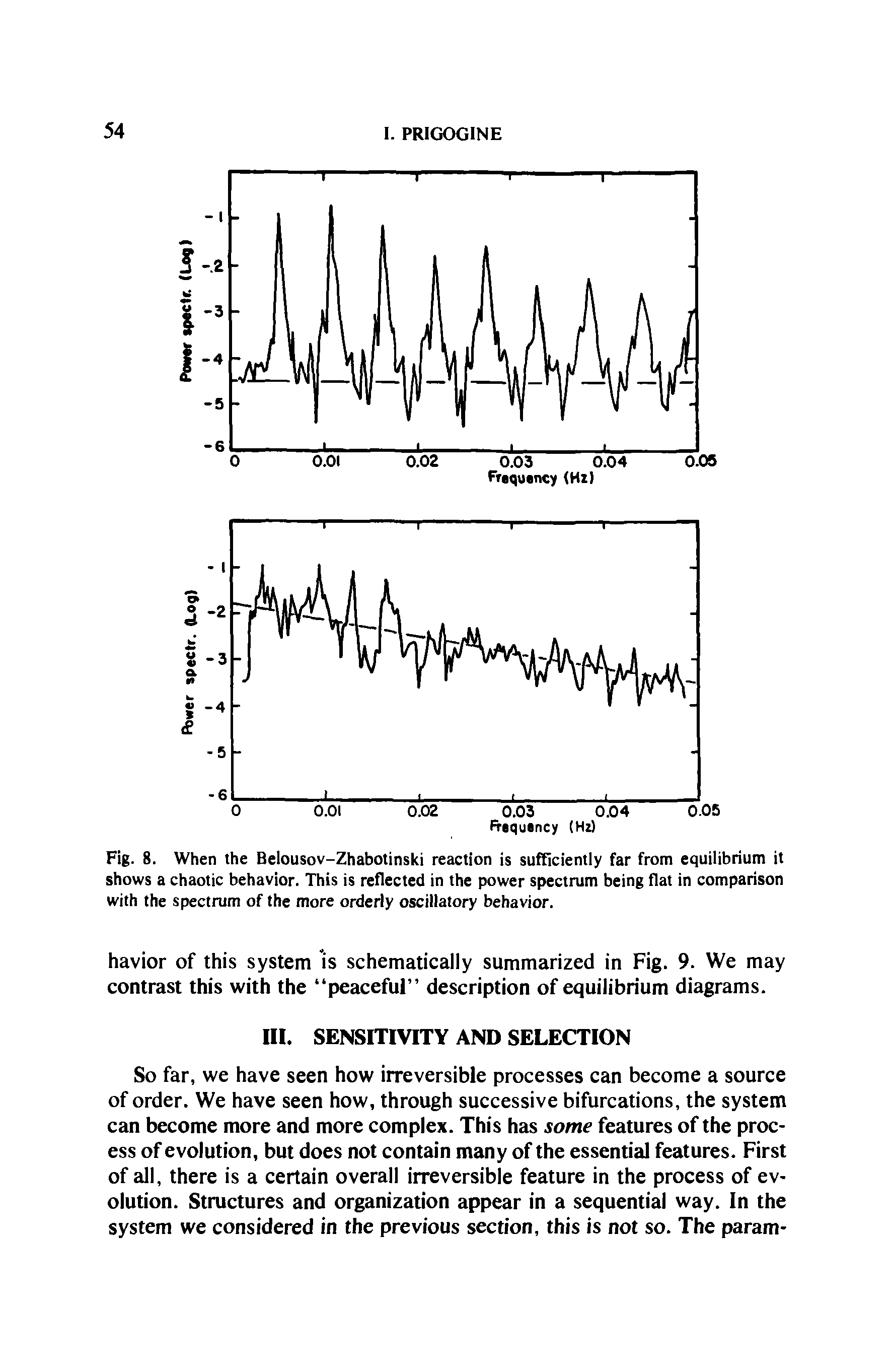 Fig. 8. When the Belousov-Zhabotinski reaction is sufficiently far from equilibrium it shows a chaotic behavior. This is reflected in the power spectrum being flat in comparison with the spectrum of the more orderly oscillatory behavior.