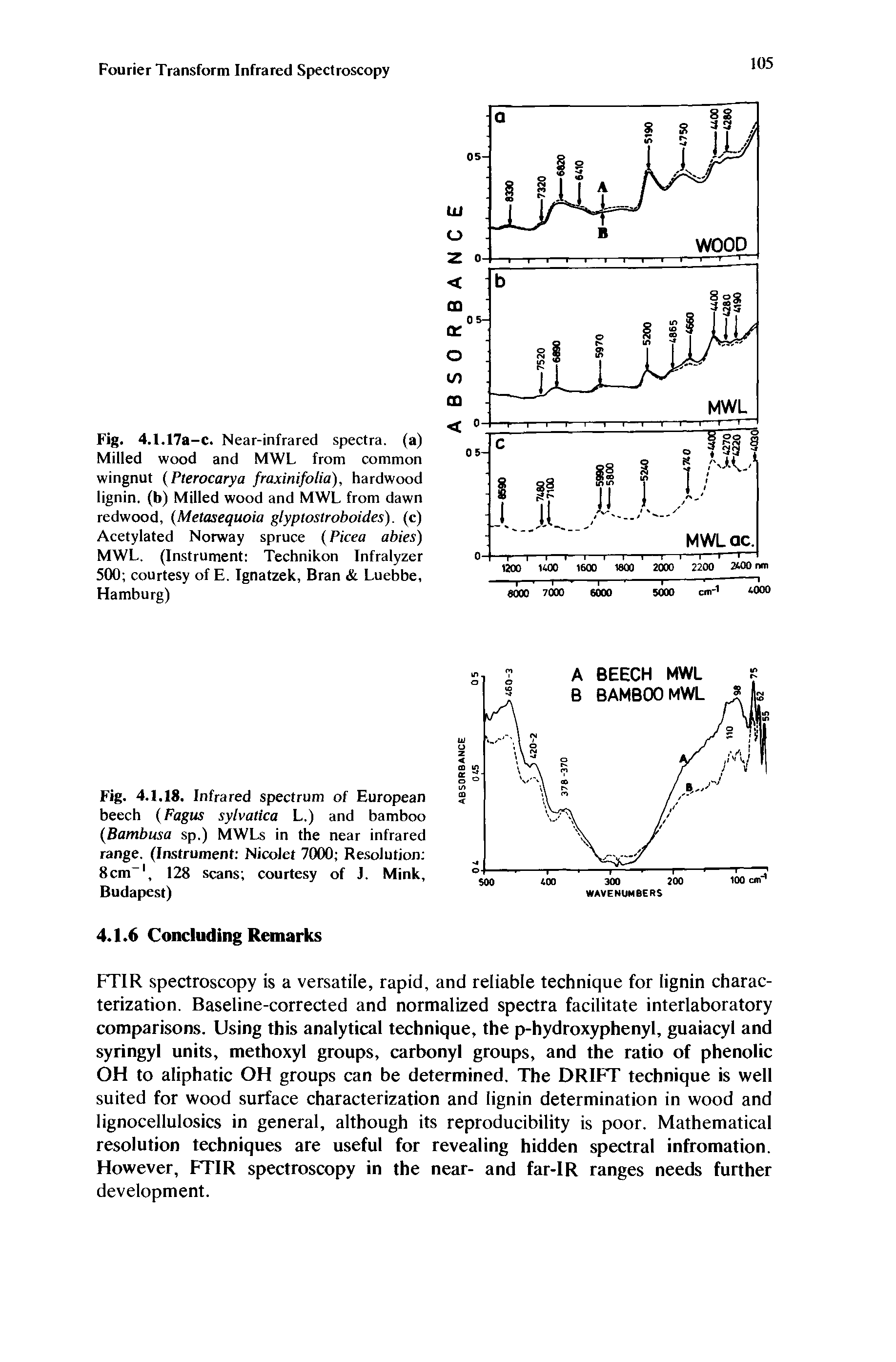 Fig. 4.1.18. Infrared spectrum of European beech (Fagus sylvatica L.) and bamboo (Bambusa sp.) MWLs in the near infrared range. (Instrument Nicolet 7000 Resolution 8cm l, 128 scans courtesy of J. Mink, Budapest)...