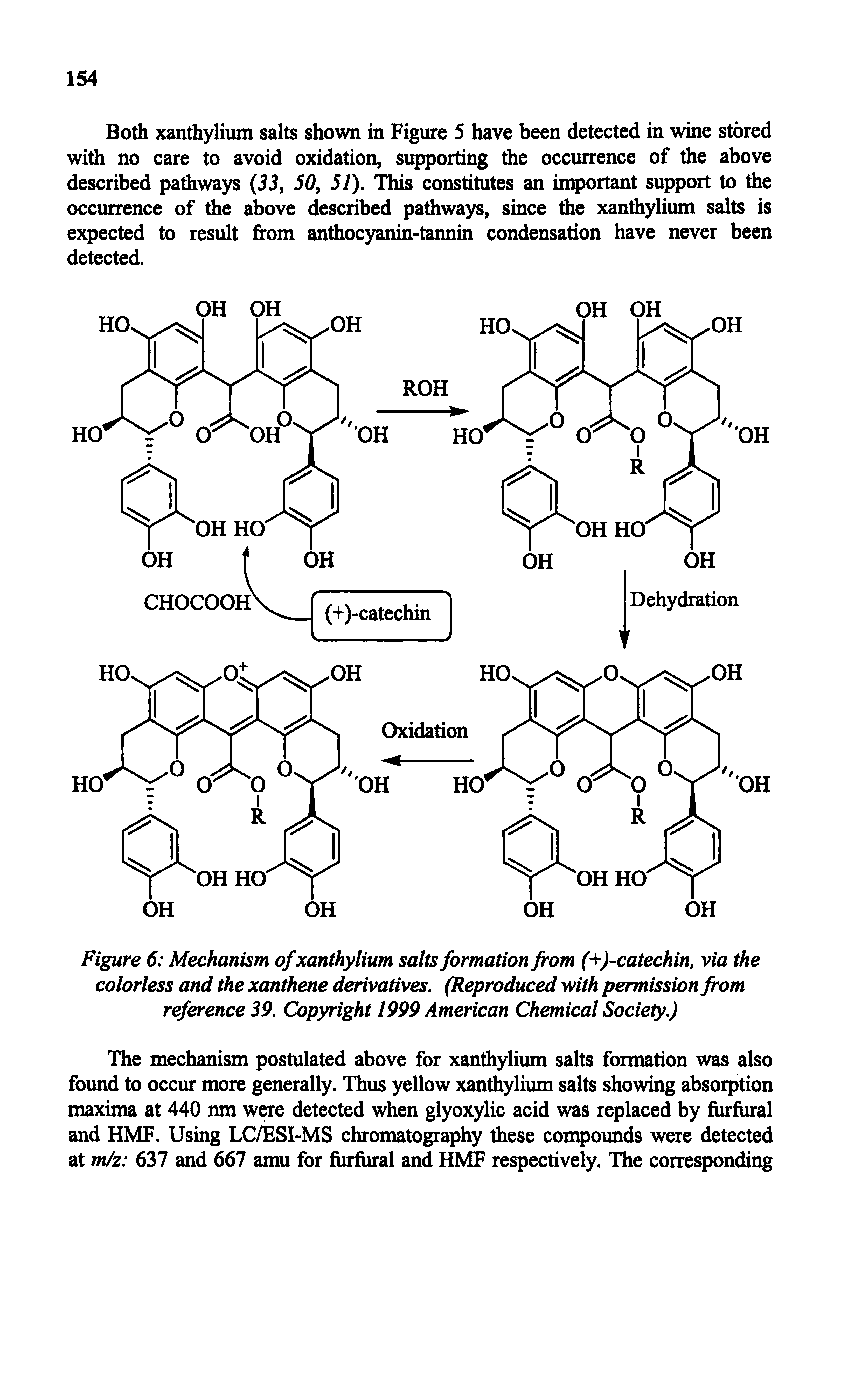 Figure 6 Mechanism of xanthylium salts formation from ( )-catechin, via the colorless and the xanthene derivatives. (Reproduced with permission from reference 39. Copyright 1999 American Chemical Society.)...