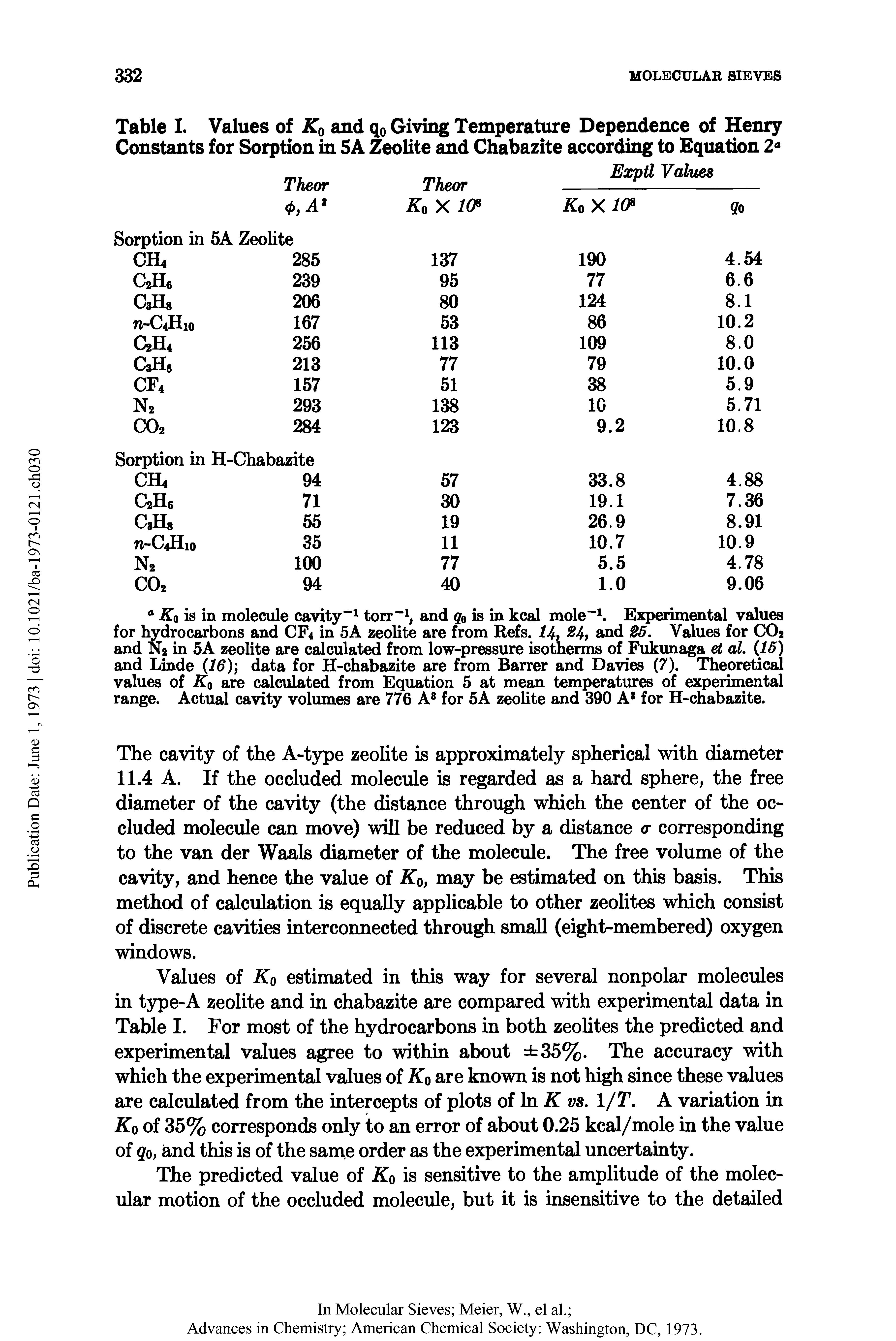 Table I. Values of Kq and q0 Giving Temperature Dependence of Henry Constants for Sorption in 5A Zeolite and Chabazite according to Equation 2 ...