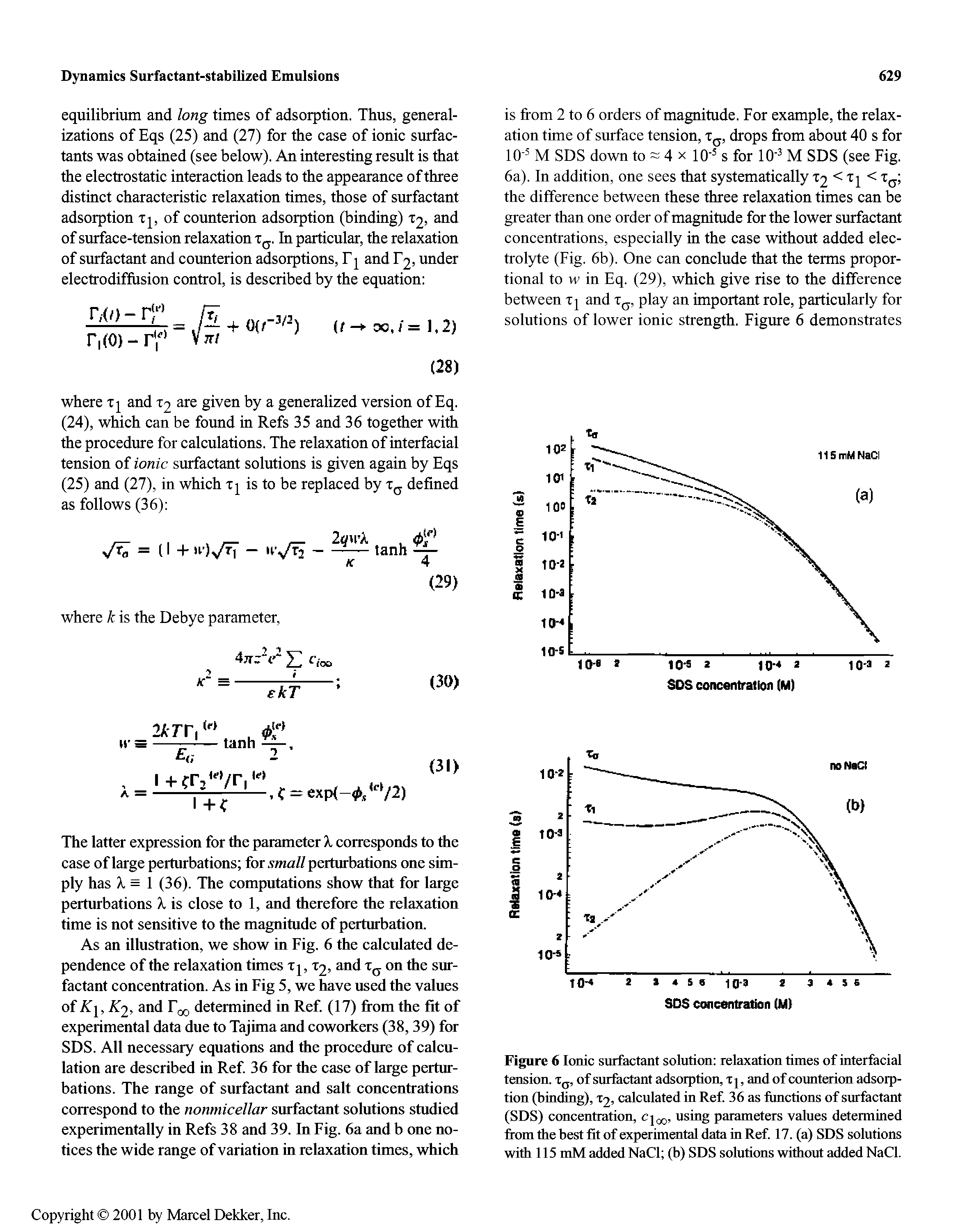 Figure 6 Ionic surfactant solution relaxation times of interfacial tension, x j, of surfactant adsorption, x j, and of counterion adsorption (binding), X2, calculated in Ref. 36 as functions of surfactant (SDS) concentration, cj q, using parameters values determined from the best fit of experimental data in Ref. 17. (a) SDS solutions with 115 mM added NaCl (b) SDS solutions without added NaCl.