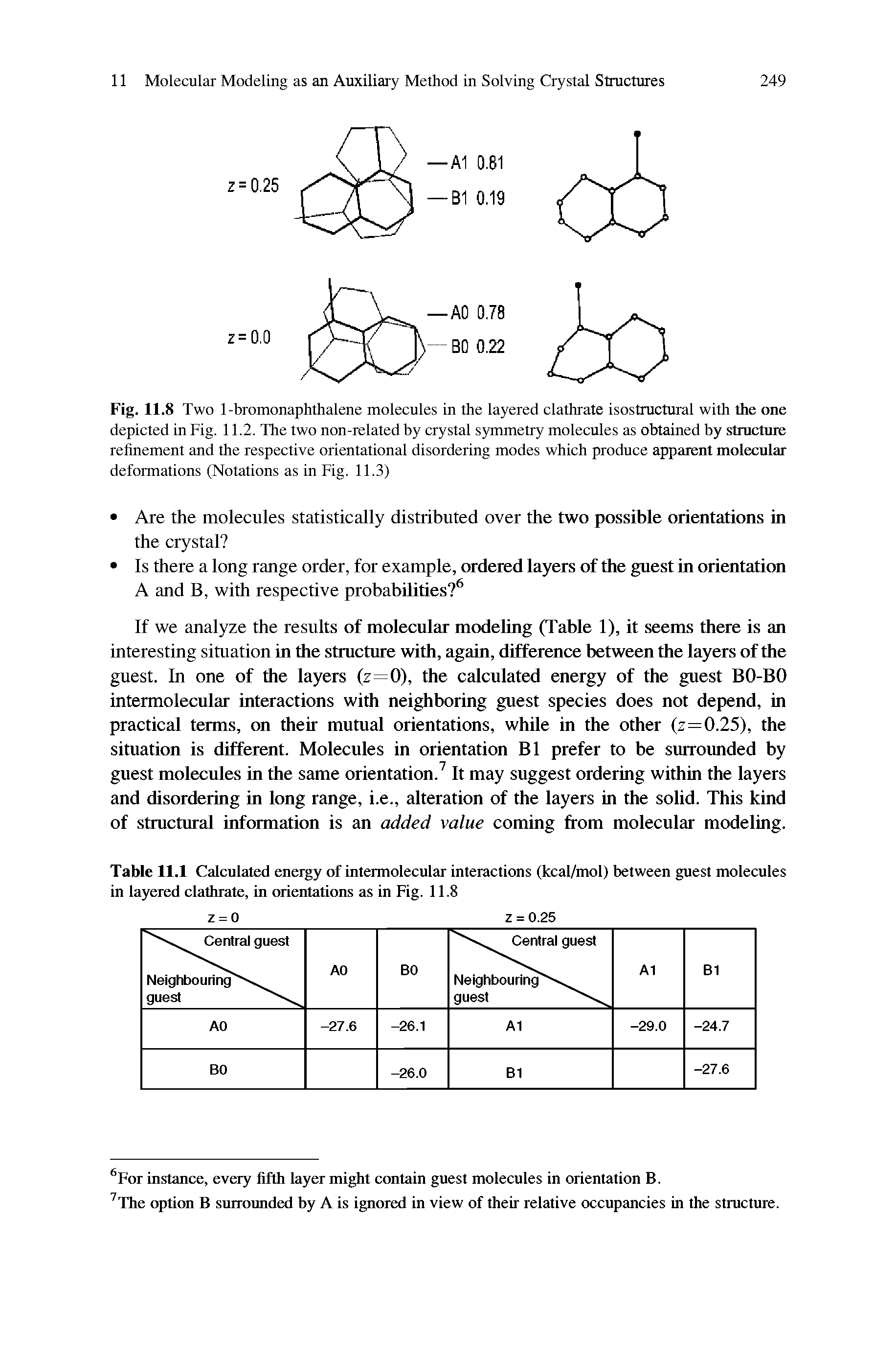 Fig. 11.8 Two 1-bromonaphthalene molecules in the layered clathrate isostructural with the one depicted in Fig. 11.2. The two non-related by crystal symmetry molecules as obtained by structure refinement and the respective orientational disordering modes which produce apparent molecular deformations (Notations as in Fig. 11.3)...