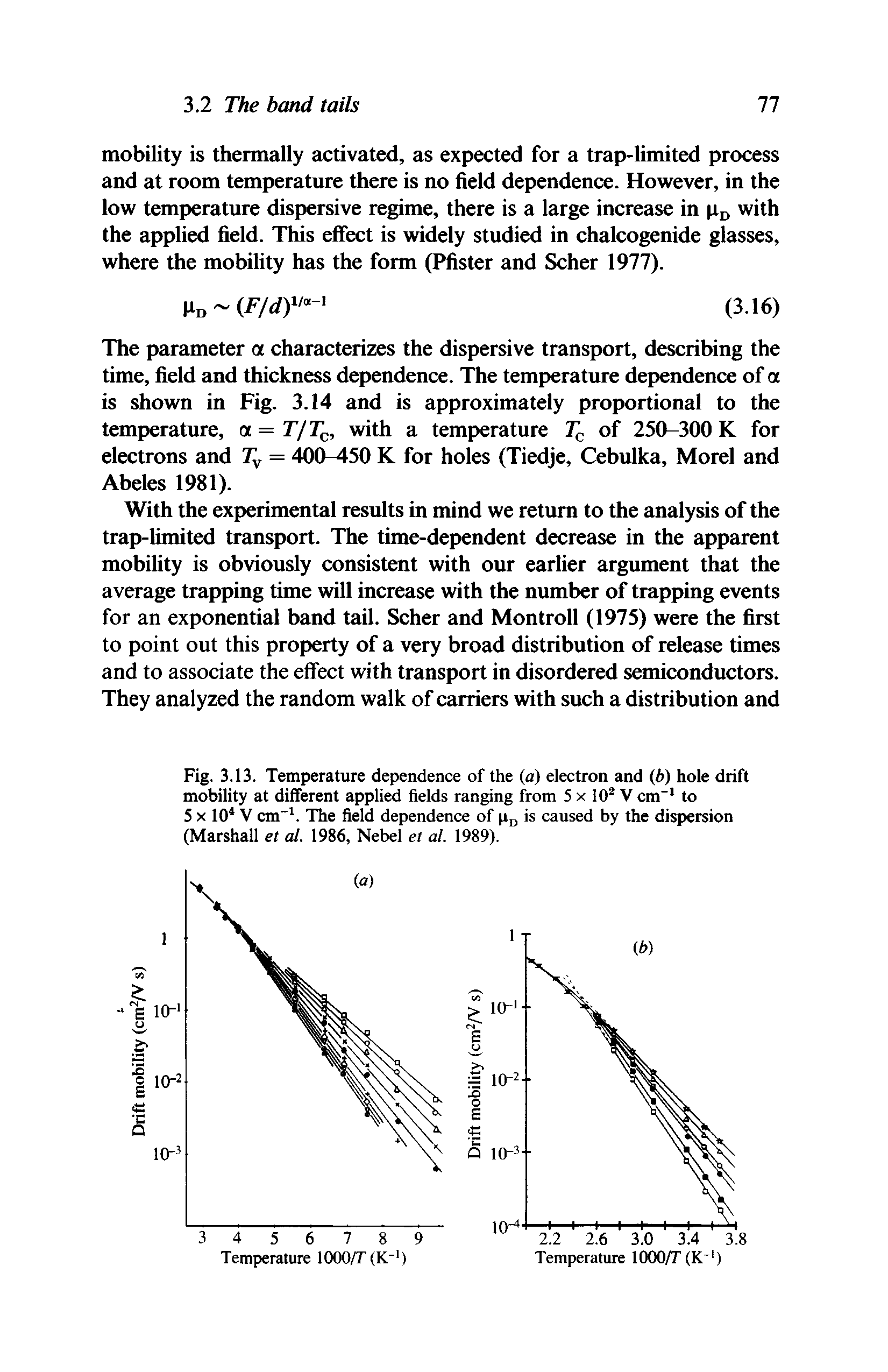 Fig. 3.13. Temperature dependence of the (a) electron and (b) hole drift mobility at different applied fields ranging from 5 x 10 V cm" to 5 X 10 V cm". The field dependence of is caused by the dispersion (Marshall et al. 1986, Nebel et al. 1989).