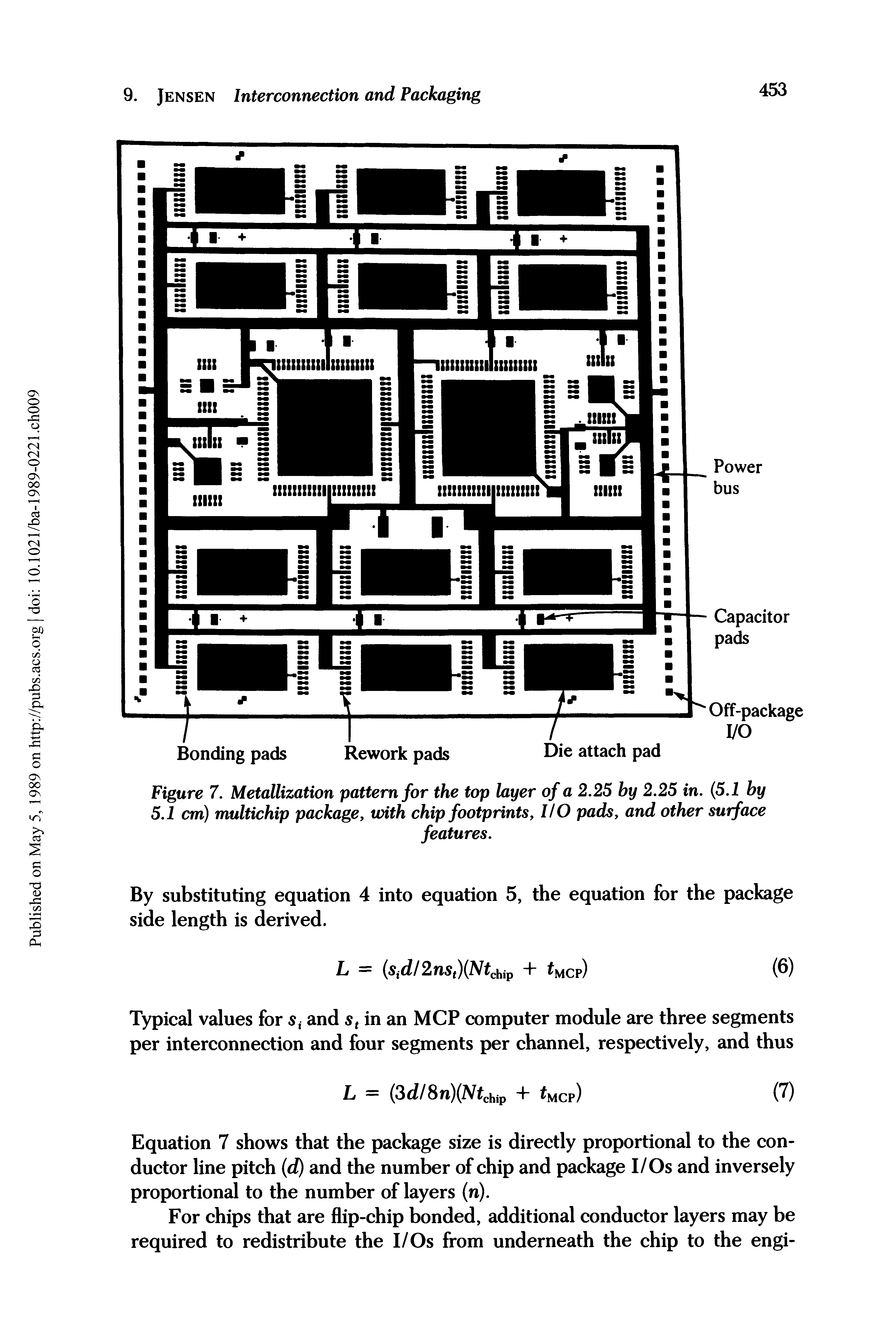 Figure 7. Metallization pattern for the top layer of a 2.25 by 2.25 in. (5.1 by 5.1 cm) multichip package, with chip footprints, I/O pads, and other surface...