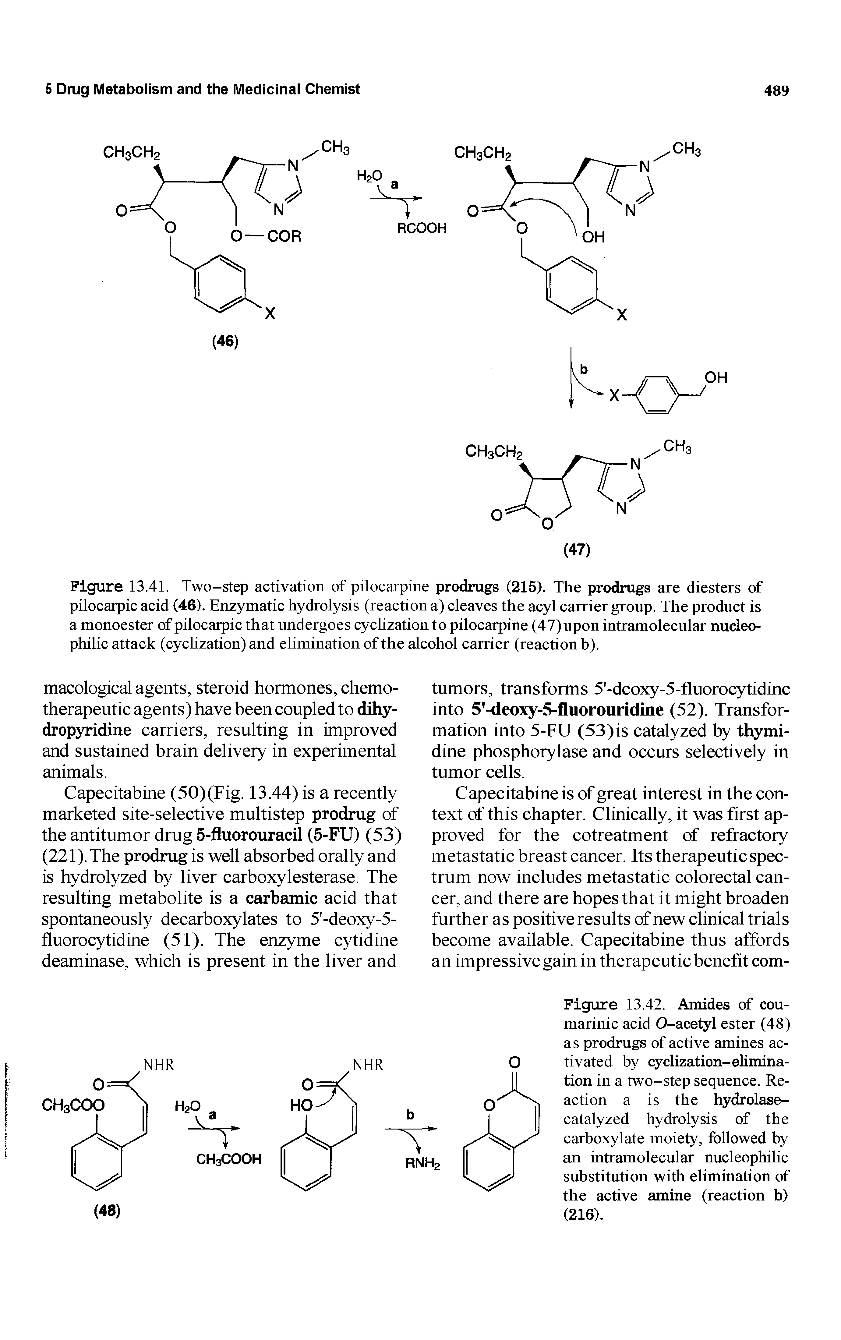 Figure 13.41. Two-step activation of pilocarpine prodrugs (215). The prodrugs are diesters of pilocarpic acid (46). Enzymatic hydrolysis (reaction a) cleaves the acyl carrier group. The product is a monoester of pilocarpic that undergoes cyclization to pilocarpine (47) upon intramolecular nucleophilic attack (cyclization) and elimination of the alcohol carrier (reaction b).