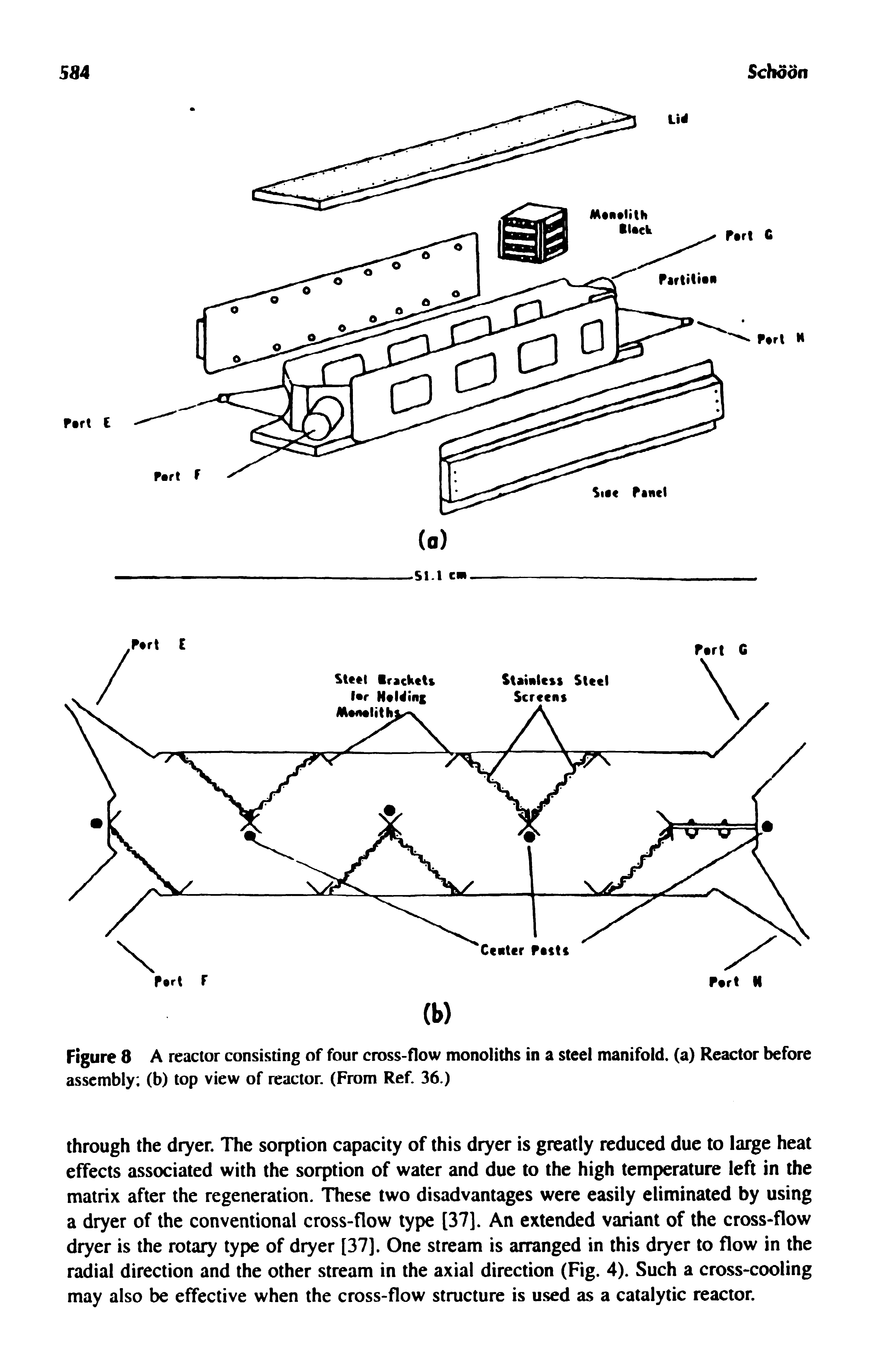 Figure 8 A reactor consisting of four cross-flow monoliths in a steel manifold, (a) Reactor before assembly (b) top view of reactor. (From Ref. 36.)...