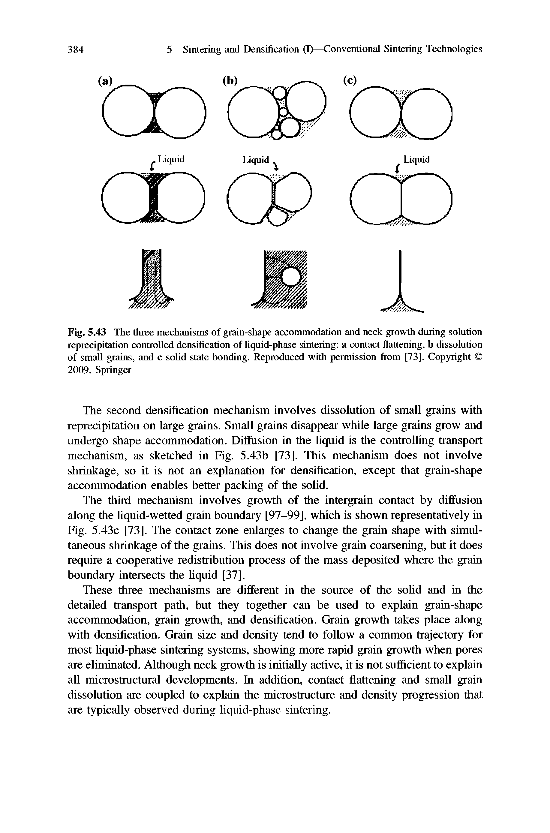 Fig. 5.43 The three mechanisms of grain-shape accommodation and neck growth during solution reprecipitation controlled densification of liquid-phase sintering a contact flattening, b dissolution of small grains, and c solid-state bonding. Reproduced with permission from [73]. Copyright 2009, Springer...